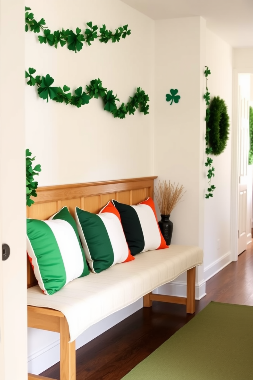 A cozy hallway adorned for St. Patrick's Day features a long wooden bench with Irish flag colored pillows artfully arranged on top. The walls are decorated with subtle green accents and festive shamrock garlands, creating a warm and inviting atmosphere.