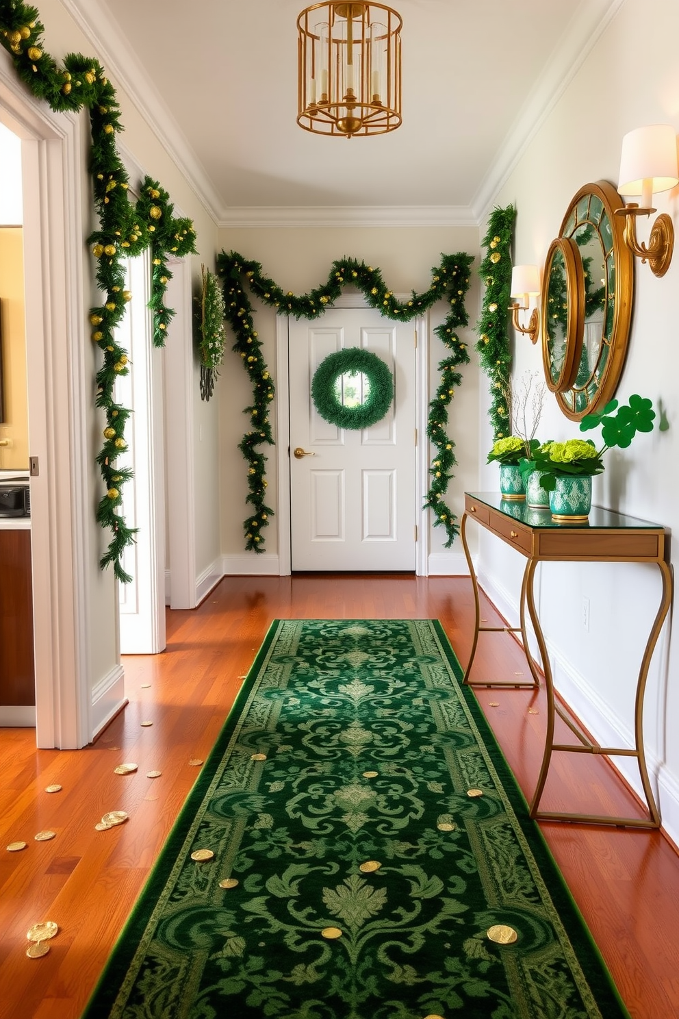 A festive hallway adorned with colorful rainbow streamers gracefully hanging from the ceiling. The walls are painted in a soft white, allowing the vibrant streamers to create a cheerful and inviting atmosphere for St. Patrick's Day celebrations.