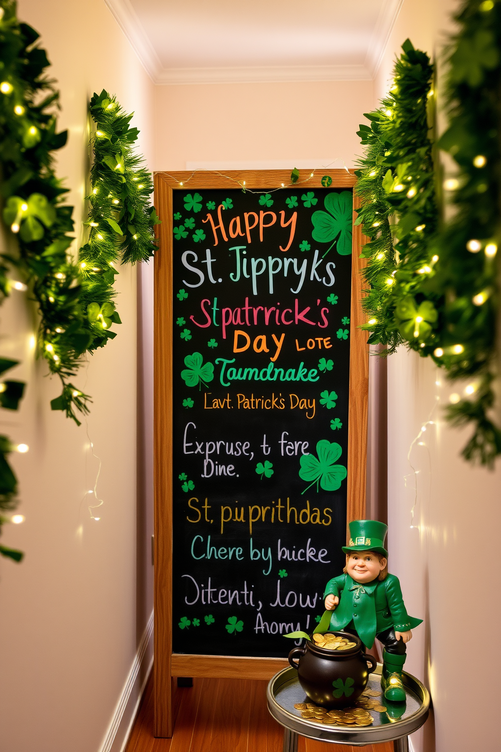 Chalkboard sign with festive messages. The sign is adorned with colorful shamrocks and playful lettering celebrating St. Patrick's Day. The sign is placed in a cozy hallway, surrounded by green garlands and twinkling fairy lights. A small table nearby holds a pot of gold coins and a leprechaun figurine, enhancing the festive atmosphere.