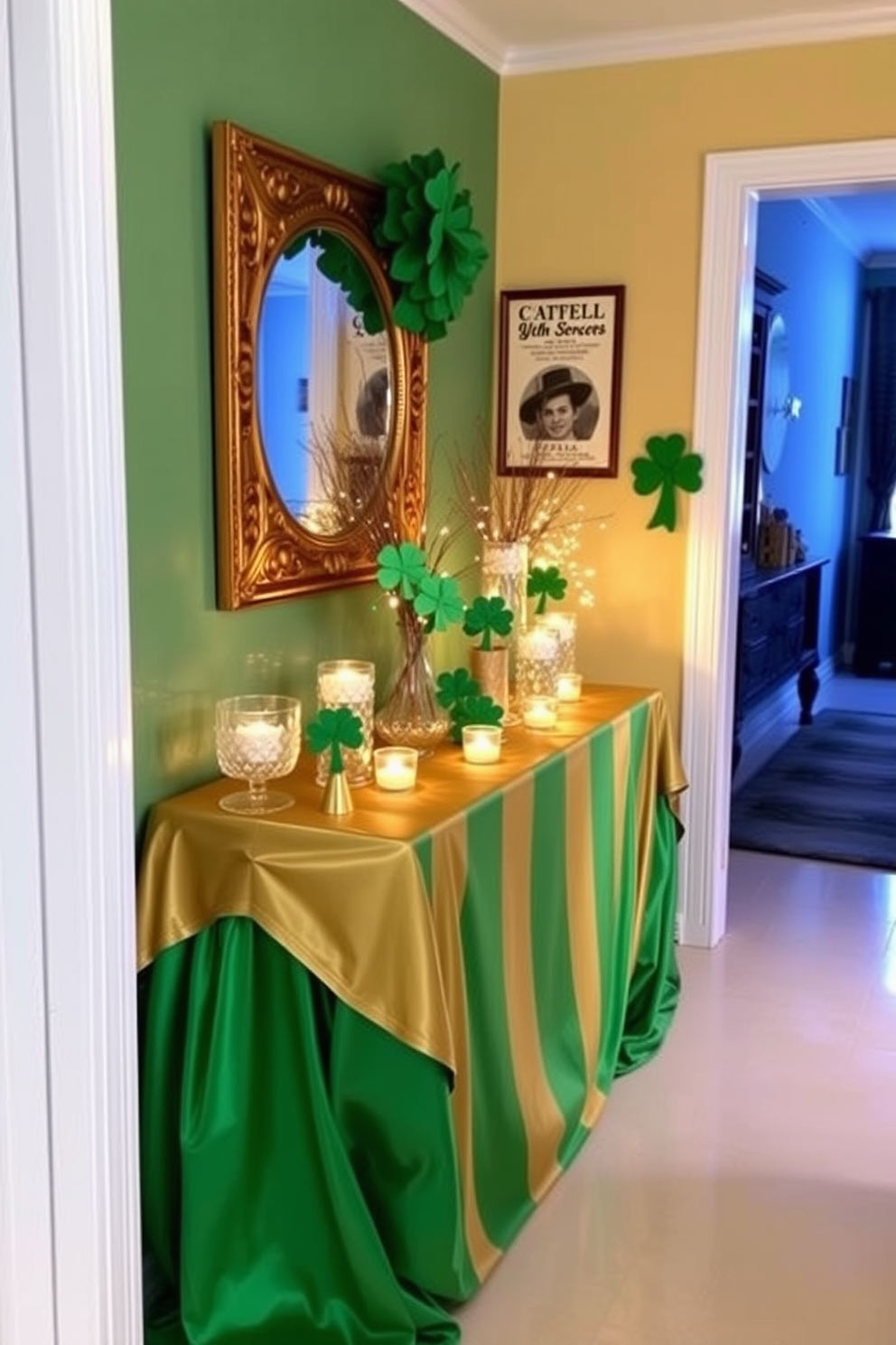 A vibrant hallway adorned with colorful paper lanterns in various shapes and sizes. The walls are painted a soft white, allowing the bright colors of the lanterns to stand out, creating a festive atmosphere for St. Patrick's Day.