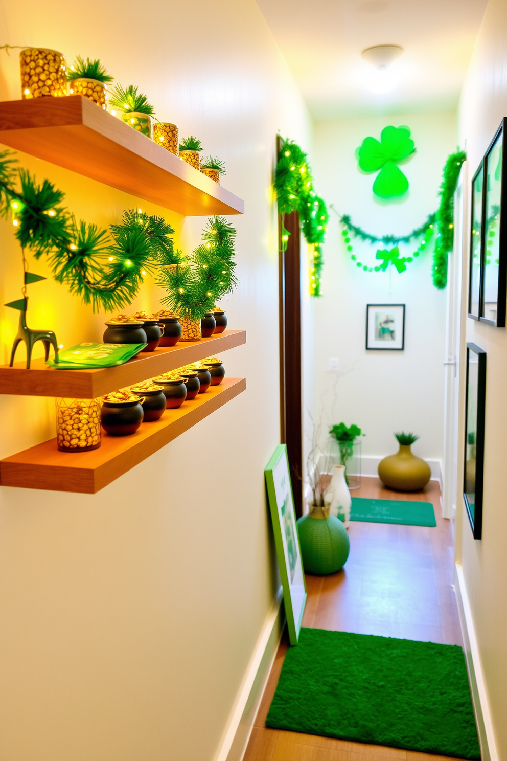 Miniature pots of gold are arranged on floating shelves, creating a festive and whimsical atmosphere. The shelves are adorned with green garlands and twinkling fairy lights to enhance the St. Patrick's Day theme. The hallway is decorated with vibrant green accents, including a welcome mat and themed artwork. Subtle hints of gold are incorporated through decorative elements, adding a touch of elegance to the festive decor.