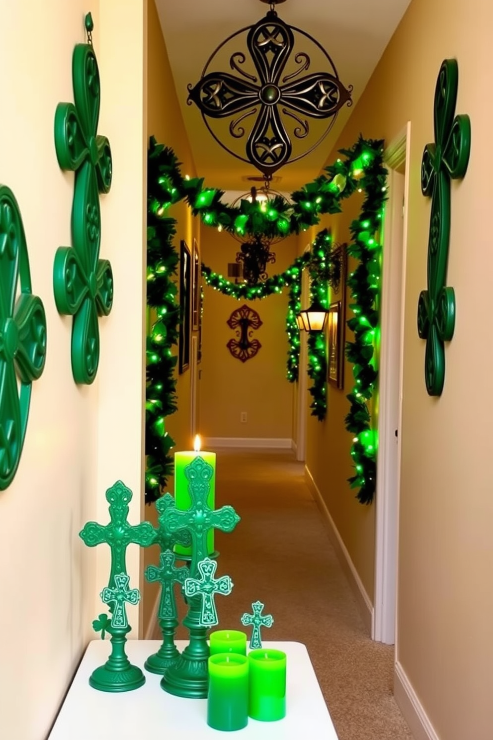 Celtic cross decor pieces adorn the hallway, showcasing intricate designs and rich green hues. The walls are painted in a soft cream color, providing a warm backdrop for the decorative elements. Festive garlands with shamrocks and twinkling lights line the hallway, creating a cheerful ambiance. A welcoming table at the entrance displays a collection of small Celtic crosses alongside vibrant green candles for a touch of elegance.