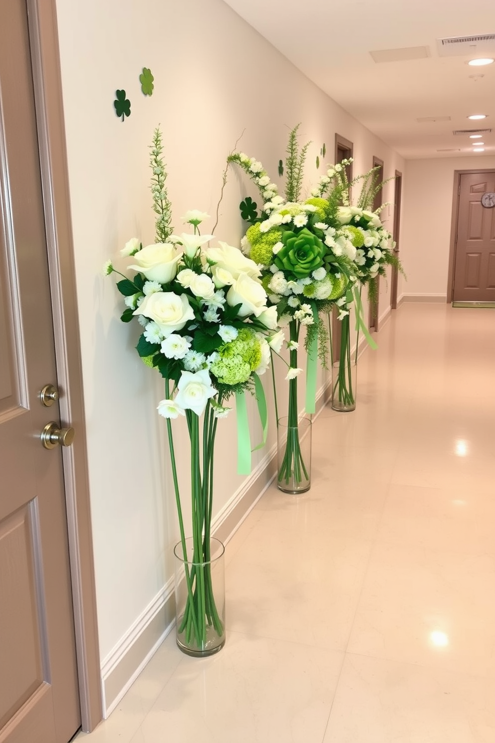 Floral arrangements featuring white and green blooms are artfully displayed along the hallway. The space is adorned with subtle St. Patrick's Day decorations, including delicate shamrock motifs and soft green accents.