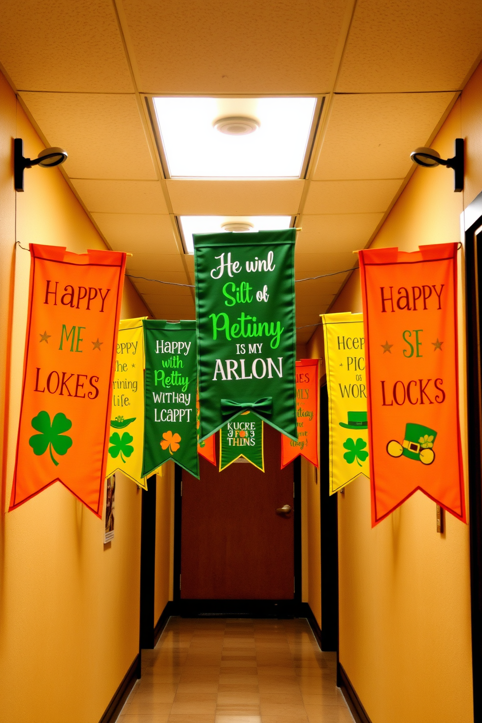 A whimsical hallway adorned with colorful stickers of rainbows and pots of gold creates a festive atmosphere for St. Patrick's Day. The walls are decorated with vibrant green accents, while cheerful decorations hang from the ceiling, inviting joy and celebration into the space.