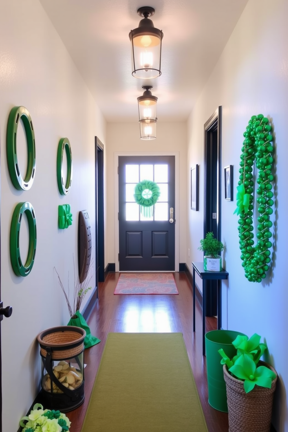 A charming hallway adorned for St. Patrick's Day features green and white striped tablecloths draped over small tables. The walls are decorated with festive garlands and shamrock-themed artwork, creating a lively and inviting atmosphere.