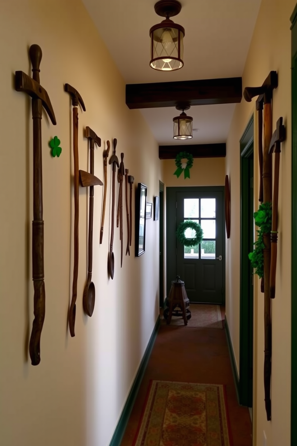 A vibrant hallway adorned with hanging paper fans in varying shades of green. The space is illuminated by soft lighting, creating a festive atmosphere perfect for St. Patrick's Day celebrations.