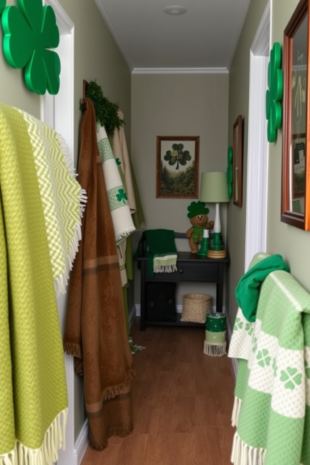 A cozy hallway adorned with seasonal throw blankets in various shades of green. The space features decorative elements inspired by St. Patrick's Day, including shamrock accents and festive wall art.