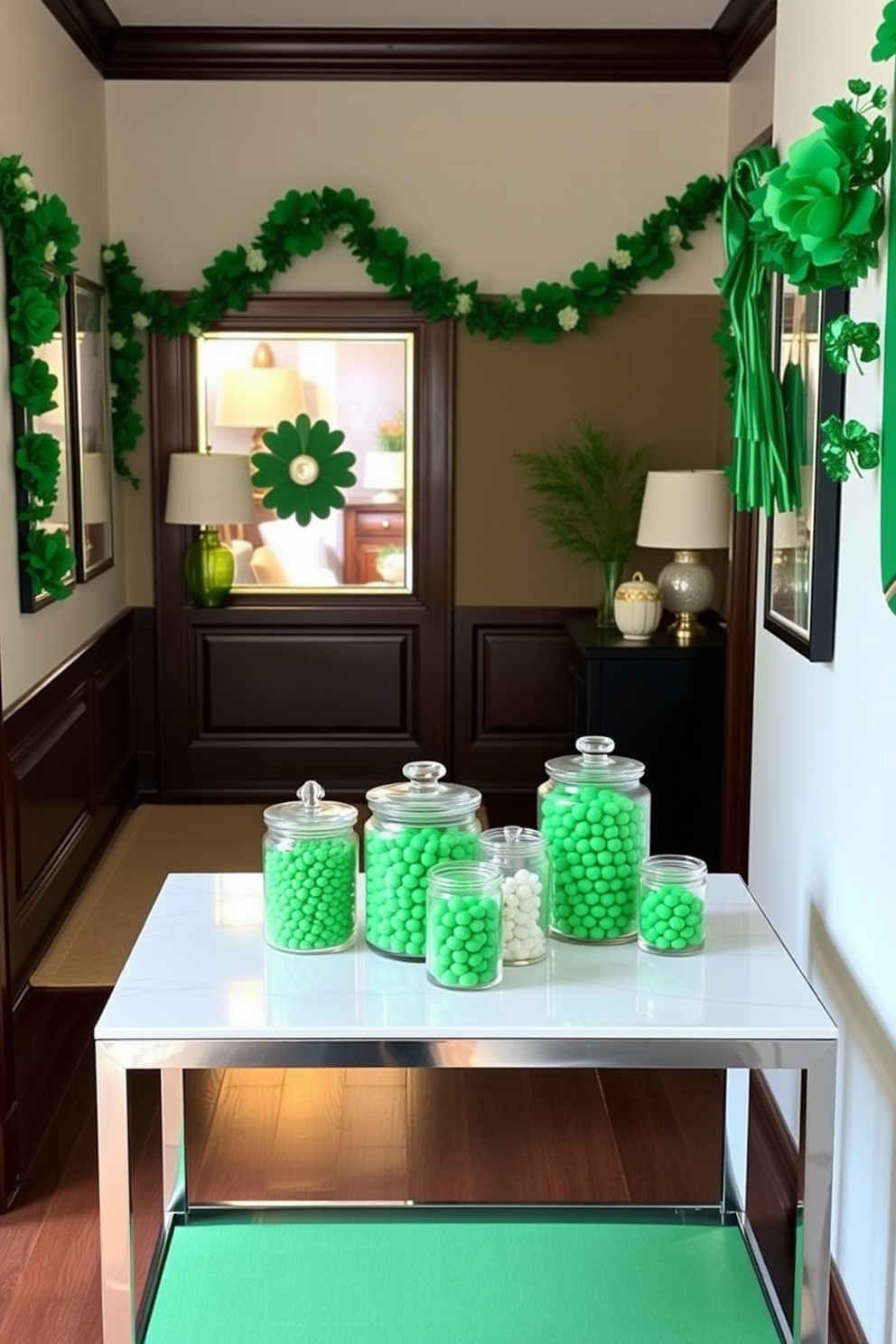 Decorative jars filled with green candies are arranged on a sleek console table in the hallway. The walls are adorned with festive St. Patrick's Day decorations, featuring shamrock garlands and elegant green accents.