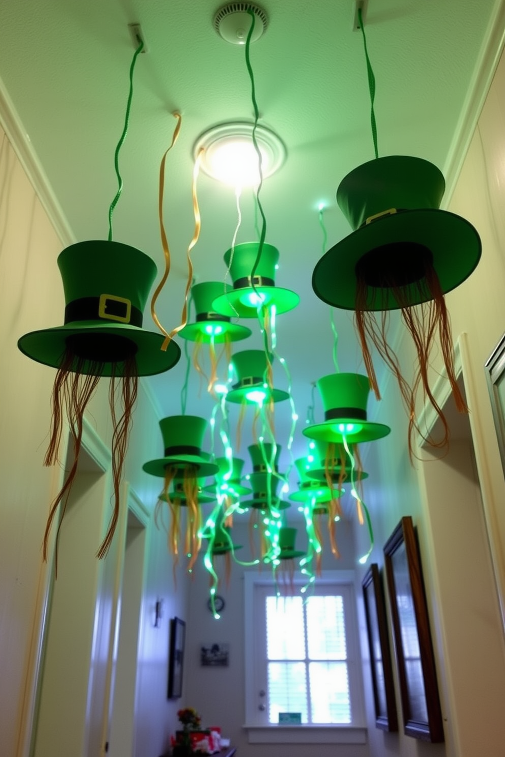 Hanging leprechaun hats from the ceiling creates a whimsical atmosphere that instantly captures the spirit of St. Patrick's Day. The vibrant colors of the hats add a festive touch to the hallway, making it a perfect spot for guests to admire. To enhance the decor, consider using green streamers or fairy lights intertwined with the hats for an enchanting effect. This playful display not only celebrates the holiday but also invites joy and creativity into your home.