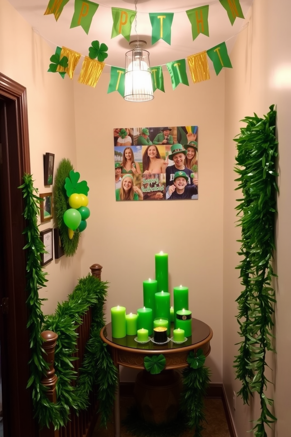 A festive hallway adorned with St. Patrick's Day decorations. Green and gold banners hang from the ceiling, while a vibrant photo collage featuring shamrocks and leprechauns is displayed on the walls. A charming table is set up with a collection of green candles and small pots of gold coins. Lush green garlands drape along the banister, creating a cheerful atmosphere for celebration.