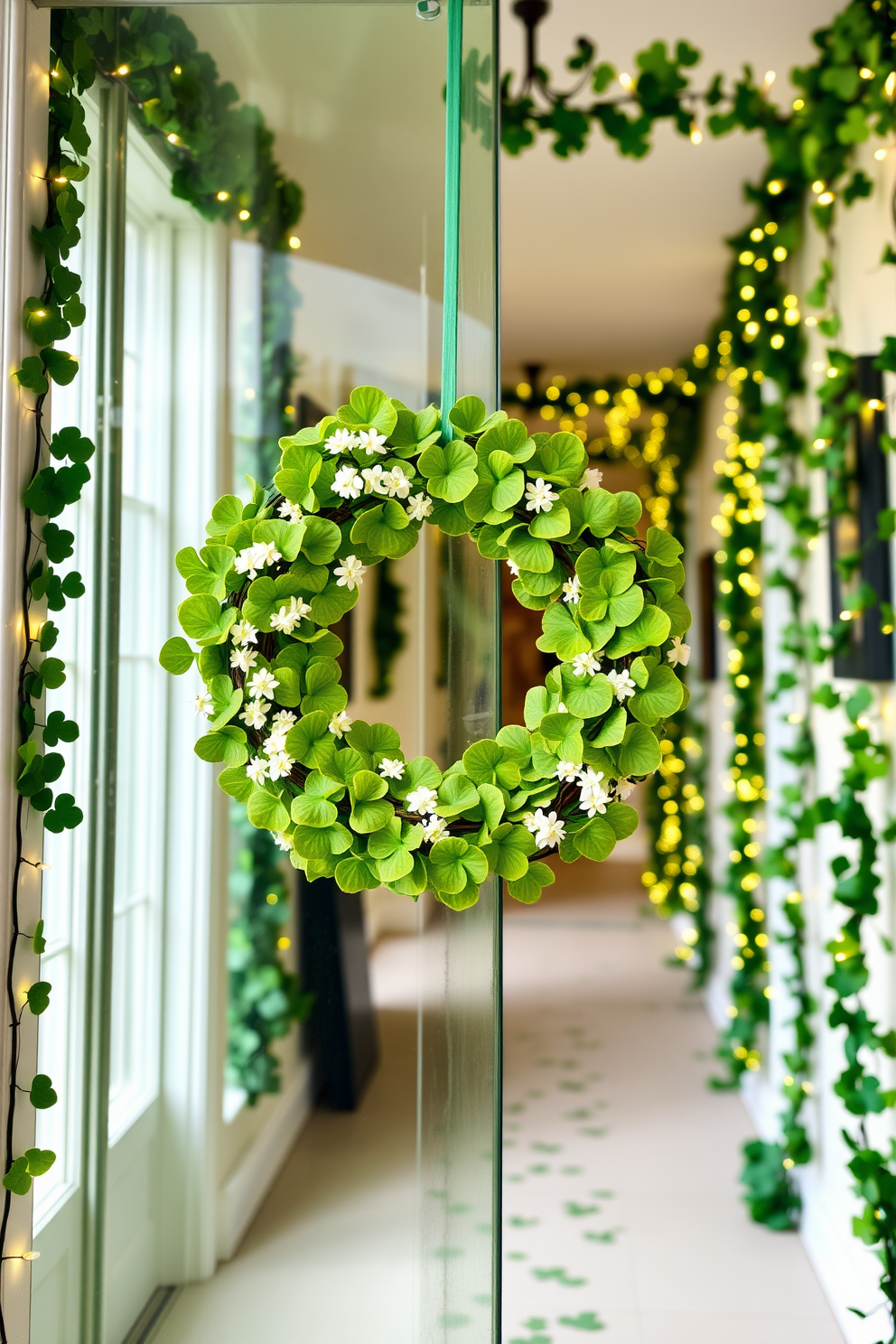 Clover wreath on the front door. The wreath is made of fresh green clovers intertwined with delicate white flowers, creating a vibrant and festive look. Hallway adorned with St. Patrick's Day decorations. The walls are lined with garlands of shamrocks and twinkling fairy lights, leading guests to a warm and inviting atmosphere.