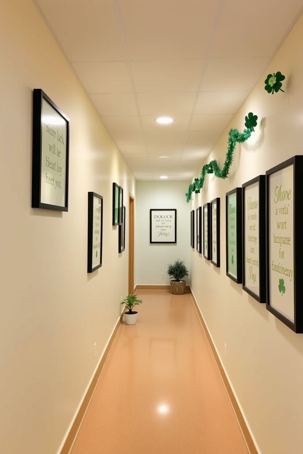 Framed quotes about luck and joy adorn the walls of a bright and inviting hallway. Each frame features a different quote in elegant typography, surrounded by a subtle green and gold color scheme that reflects the spirit of St. Patrick's Day. The hallway is decorated with cheerful accents such as shamrock garlands and small potted plants. Soft lighting illuminates the space, creating a warm atmosphere that encourages positivity and celebration.