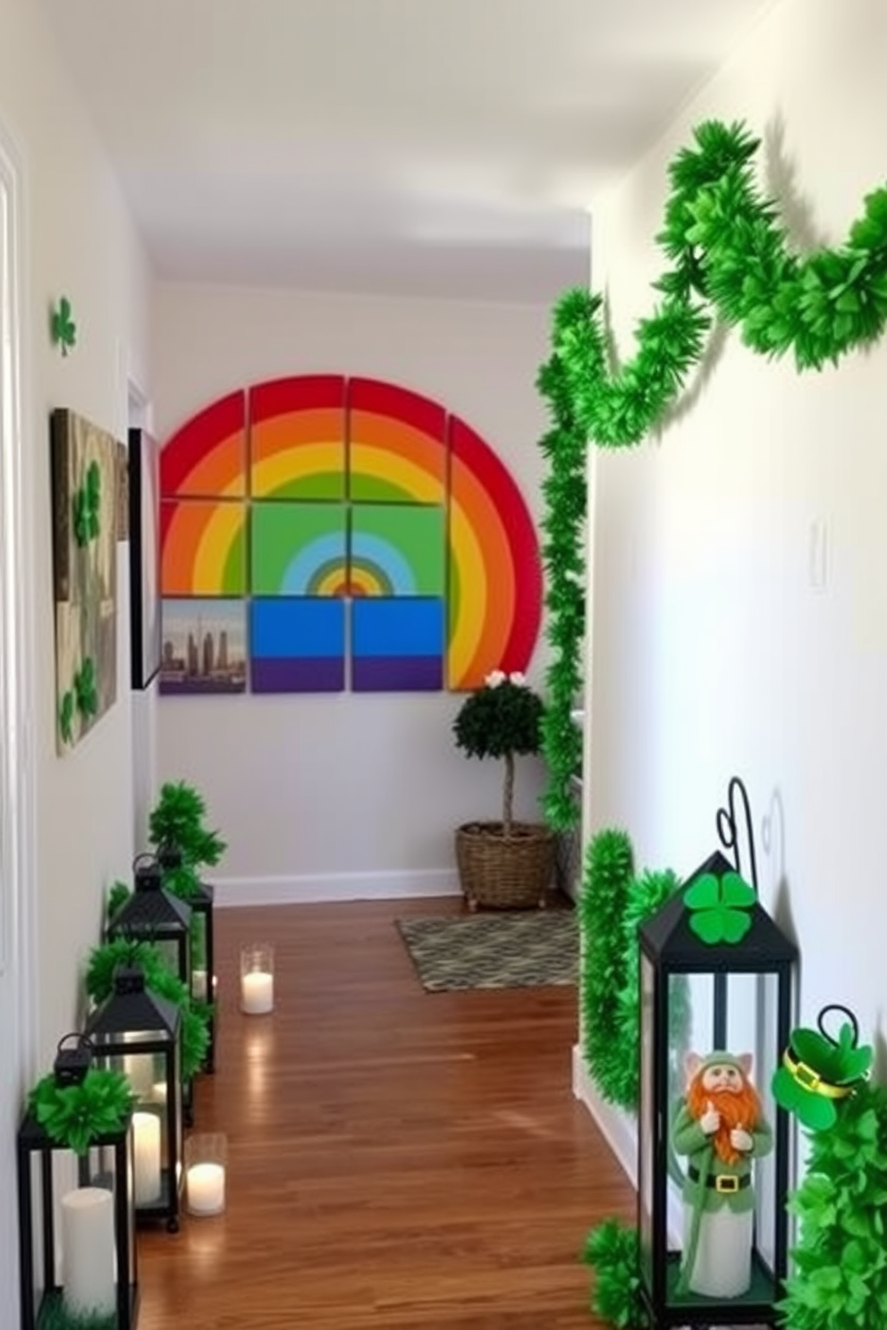 A vibrant DIY rainbow wall art display features a series of colorful canvases arranged in a gradient pattern. Each canvas showcases a different hue, creating a cheerful and inviting atmosphere in the room. The hallway is adorned with festive St. Patrick's Day decorating ideas that include green garlands and shamrock accents. Lanterns with soft lighting and playful leprechaun figurines add a whimsical touch to the space.