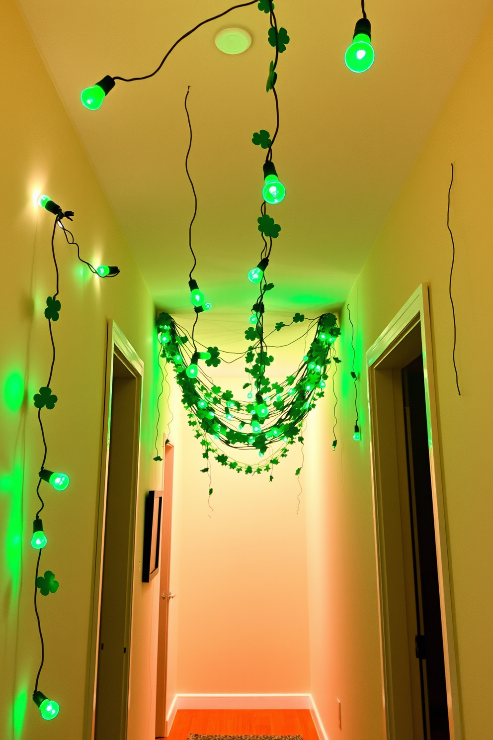 A whimsical hallway adorned with string lights featuring green bulbs creates a festive atmosphere for St. Patrick's Day. The walls are painted in a soft cream color, and a collection of shamrock garlands hangs from the ceiling, enhancing the celebratory vibe.