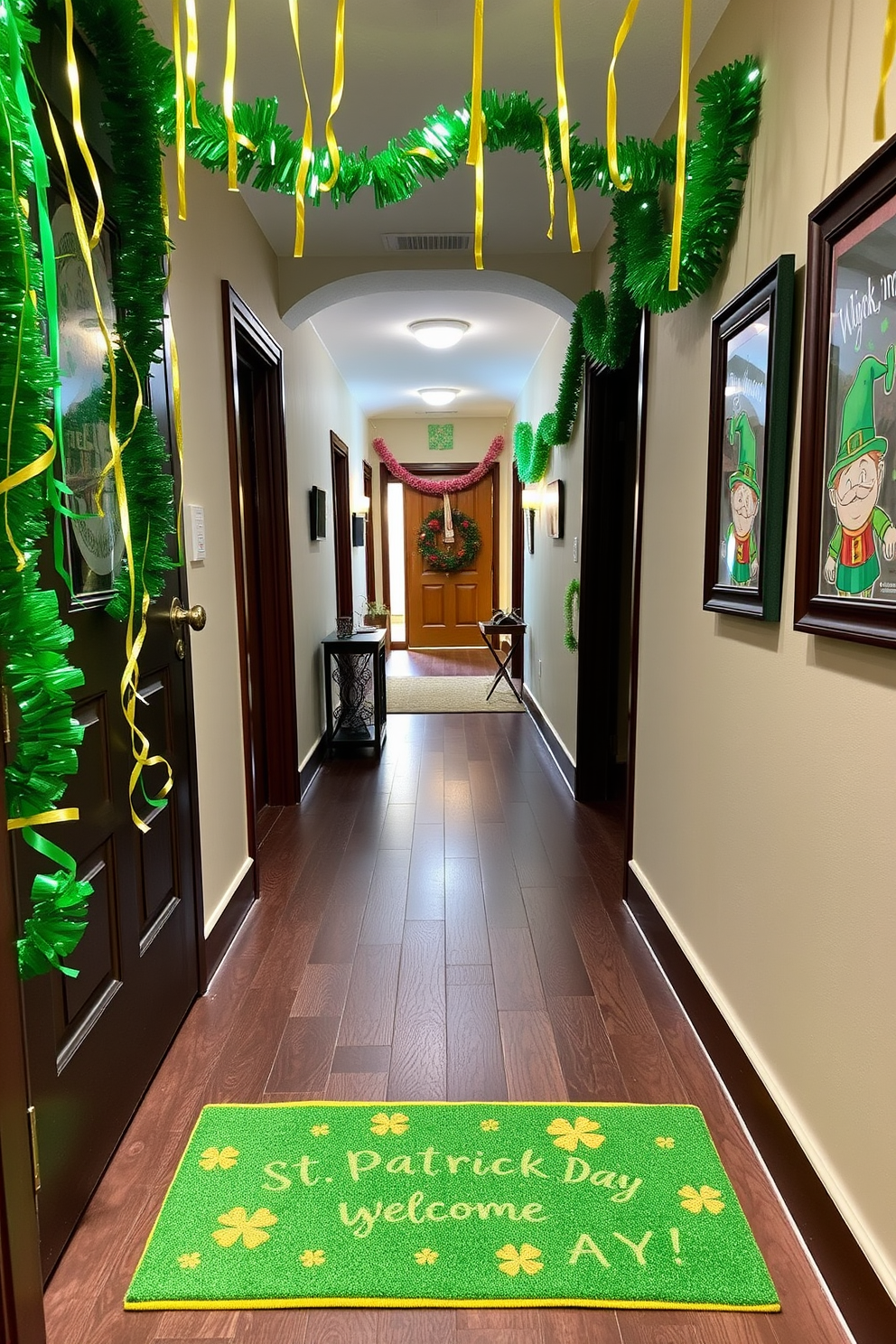 A charming St. Patrick's Day themed welcome mat greets guests with a vibrant green background adorned with festive shamrocks and golden accents. The mat features a playful greeting that invites everyone to celebrate the spirit of the holiday as they step into the home. In the hallway, decorations include garlands of green and gold streamers that hang from the ceiling, creating a whimsical atmosphere. Along the walls, framed pictures of leprechauns and pots of gold add a touch of fun and festivity to the space.