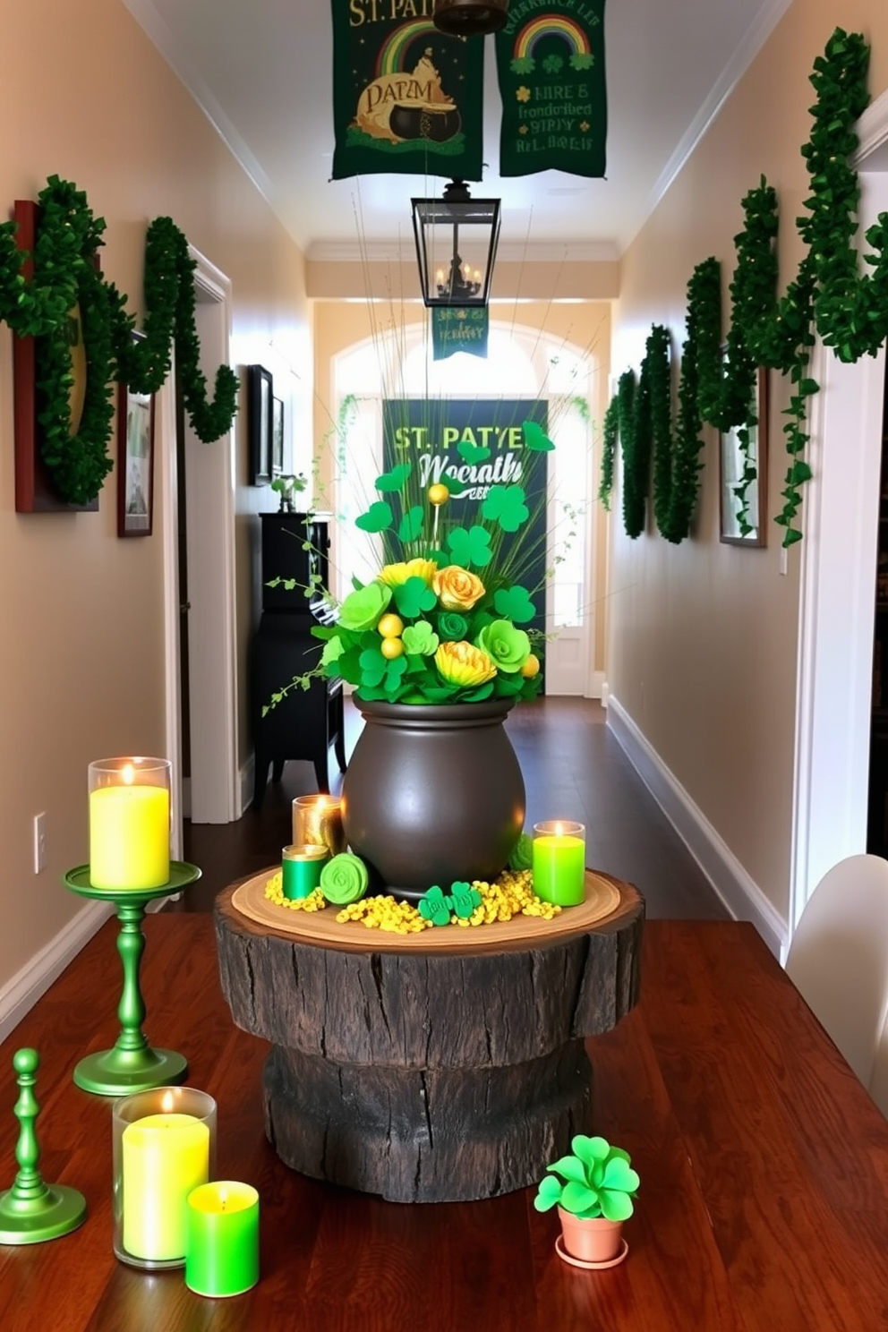 A vibrant centerpiece featuring a collection of lucky charms including a pot of gold and four-leaf clovers is placed on a rustic wooden table. Surrounding the centerpiece are decorative candles in green hues and small potted shamrocks to enhance the festive atmosphere. The hallway is adorned with garlands of green and gold, draping elegantly along the walls. St. Patrick's Day themed artwork and banners are hung to create a welcoming and cheerful entryway for guests.