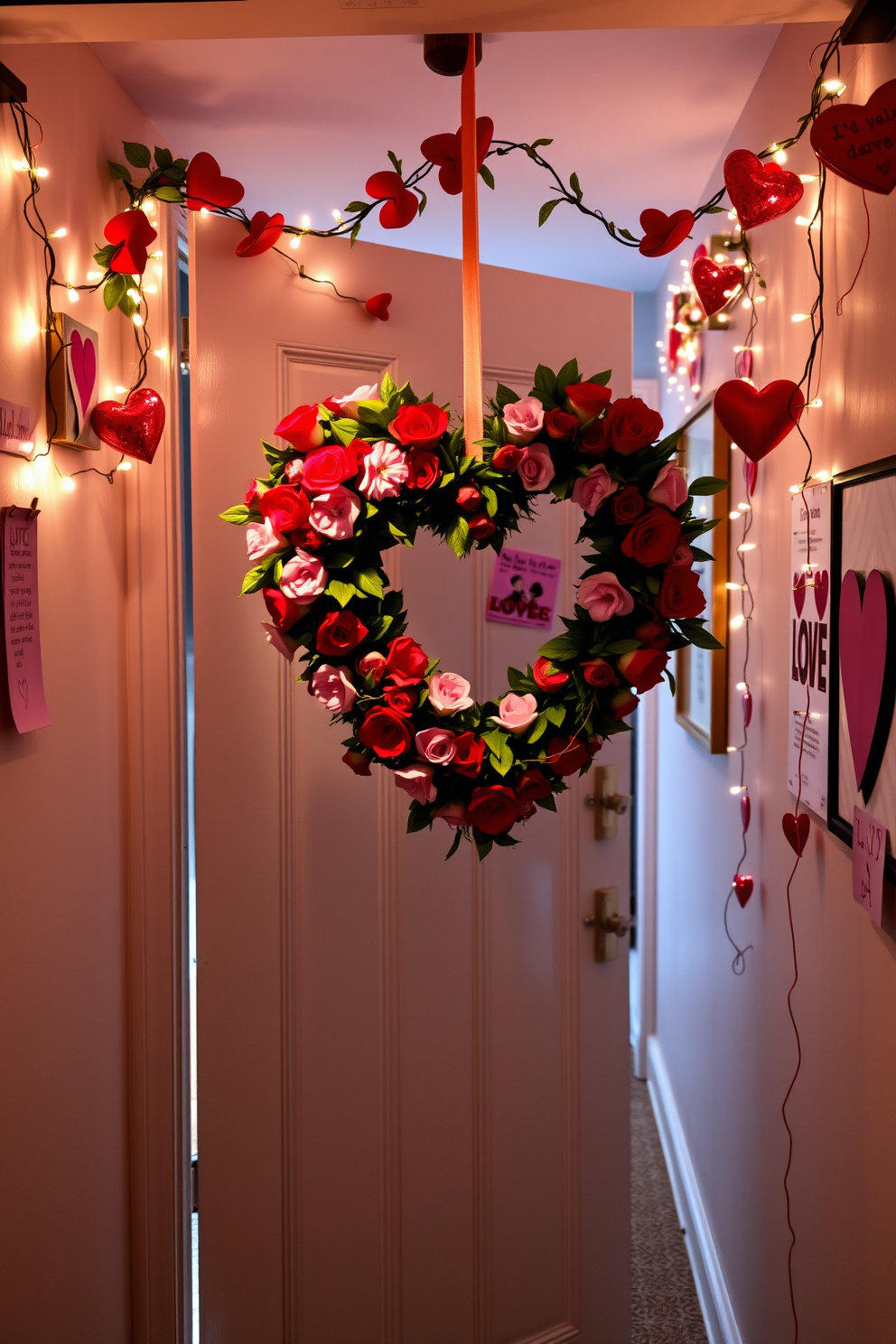 A charming heart-shaped wreath adorns the front door, crafted from vibrant red and pink flowers intertwined with lush green leaves. The warm welcome sets a festive tone for the hallway, inviting guests to enjoy the Valentine's Day decorations. The hallway features soft lighting that highlights delicate garlands draped along the walls, accented with twinkling fairy lights. Heart-themed artwork and playful love notes are displayed, creating a whimsical and romantic atmosphere throughout the space.