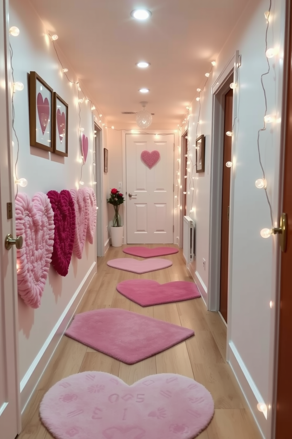 A love-themed photo wall adorned with cherished memories creates a warm and inviting atmosphere. The wall features a collage of framed photographs showcasing special moments shared together, surrounded by soft fairy lights for added warmth. The hallway is decorated with romantic accents, including heart-shaped garlands and elegant red and pink hues. Fresh flowers in vases are placed strategically to enhance the Valentine's Day theme, creating a delightful entryway.