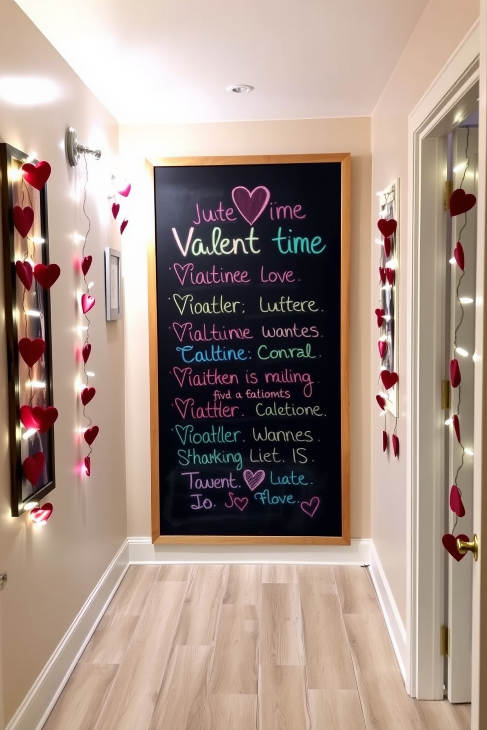 A cozy hallway adorned with string lights elegantly wrapped around the banisters creates a warm and inviting atmosphere. Soft pastel decorations in shades of pink and red are tastefully arranged along the walls, enhancing the romantic theme of Valentine's Day.