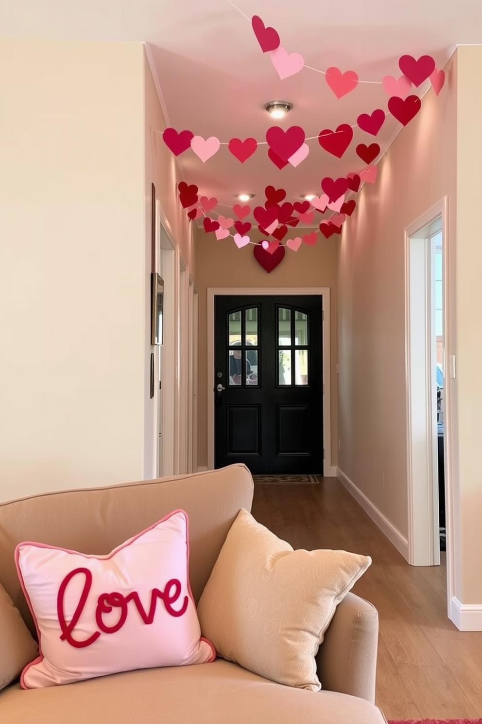 Decorative pillows adorned with love motifs are strategically placed on a plush sofa in a cozy living room. The soft hues of pink and red in the pillows complement the warm, inviting atmosphere of the space. The hallway is elegantly decorated for Valentine's Day, featuring garlands of heart-shaped cutouts hanging from the ceiling. Subtle lighting enhances the romantic vibe, creating a charming entrance that welcomes guests with love.