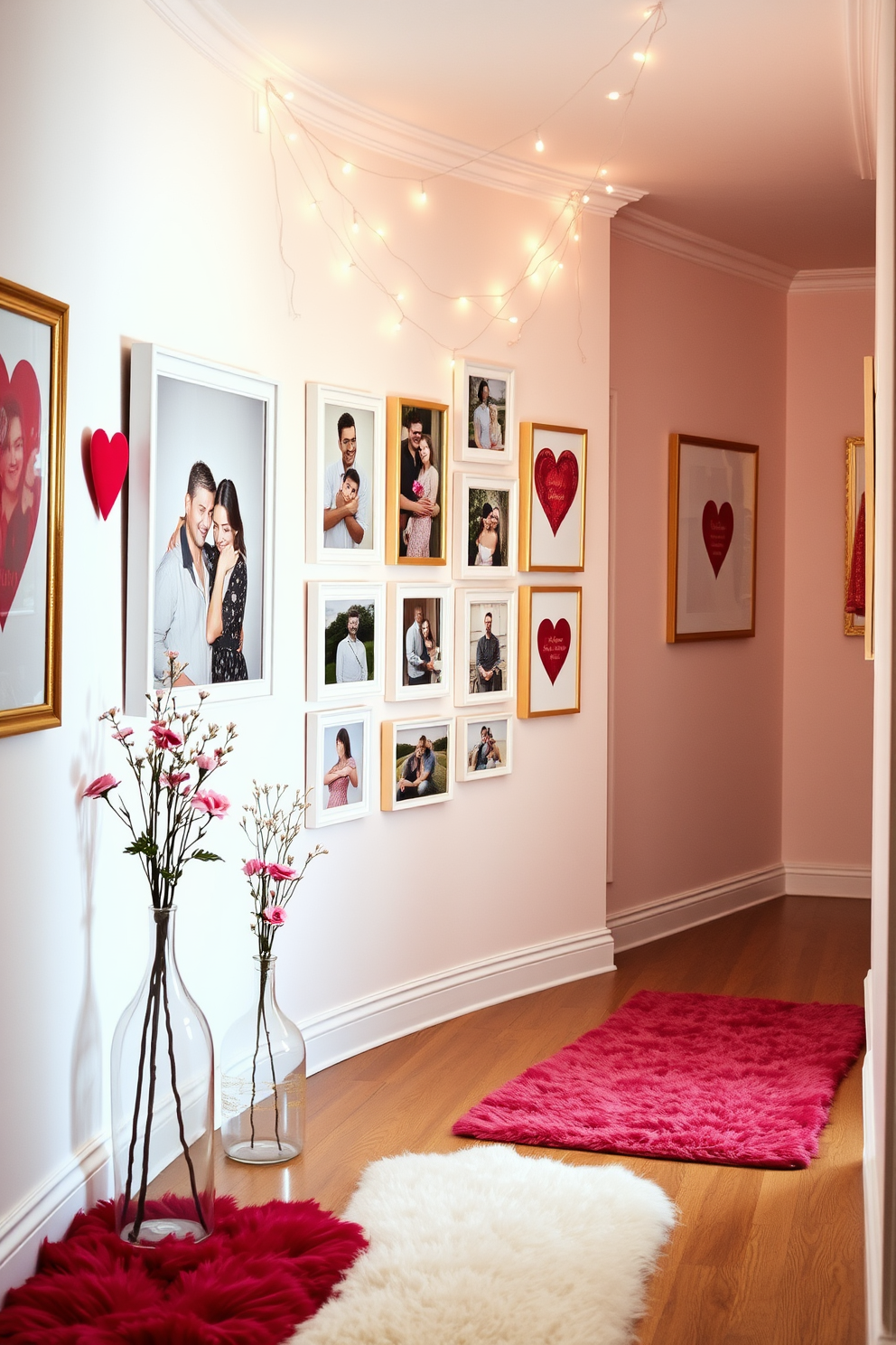 A photo collage of romantic memories is displayed on a gallery wall in a softly lit hallway. The frames are a mix of white and gold, creating an elegant contrast against the pastel-colored walls adorned with heart-themed artwork. Valentines Day decorating ideas are incorporated with delicate string lights and fresh flowers placed in charming vases. Soft, plush runners in shades of red and pink add warmth and a festive touch to the wooden floor.