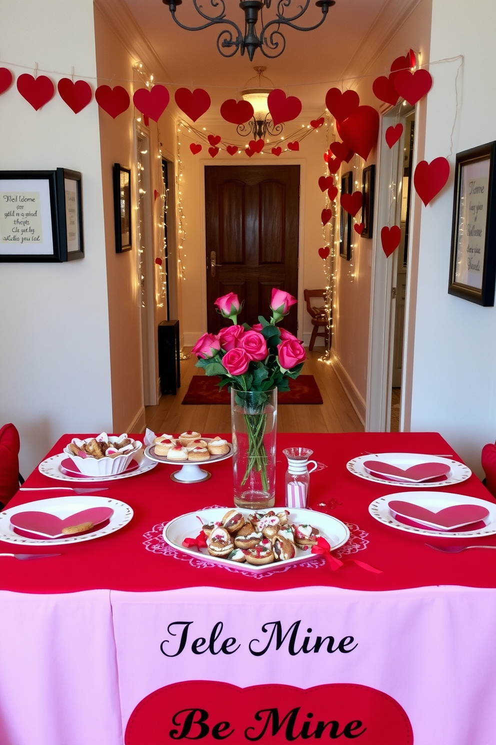 A romantic Valentine-themed table setting adorned with an array of delicious treats. The table features a red tablecloth, heart-shaped plates, and an elegant centerpiece of roses in a glass vase. A charming hallway decorated for Valentine's Day with garlands of hearts and twinkling fairy lights. The walls are adorned with framed love quotes and a welcome mat that reads Be Mine.