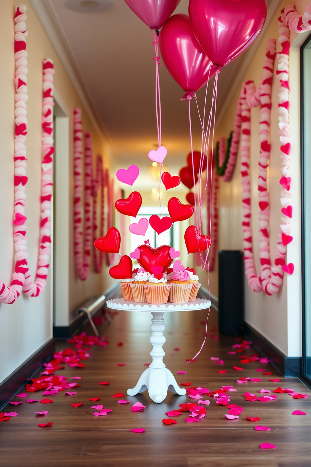 A charming cupcake stand adorned with vibrant red and pink hearts sits elegantly in the center of a beautifully decorated hallway. The walls are draped with soft pastel garlands, and heart-shaped balloons float gently above, creating a festive atmosphere for Valentine's Day.