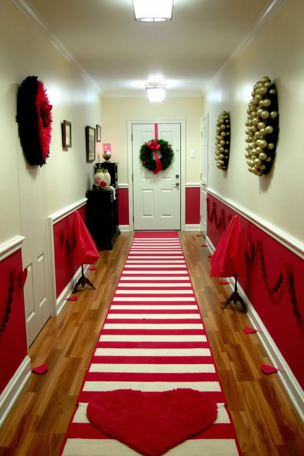 Create a charming hallway decorated for Valentine's Day featuring red and white striped runners that lead the eye through the space. Flanking the runners are small heart-themed decorations, adding a festive touch to the warm ambiance.