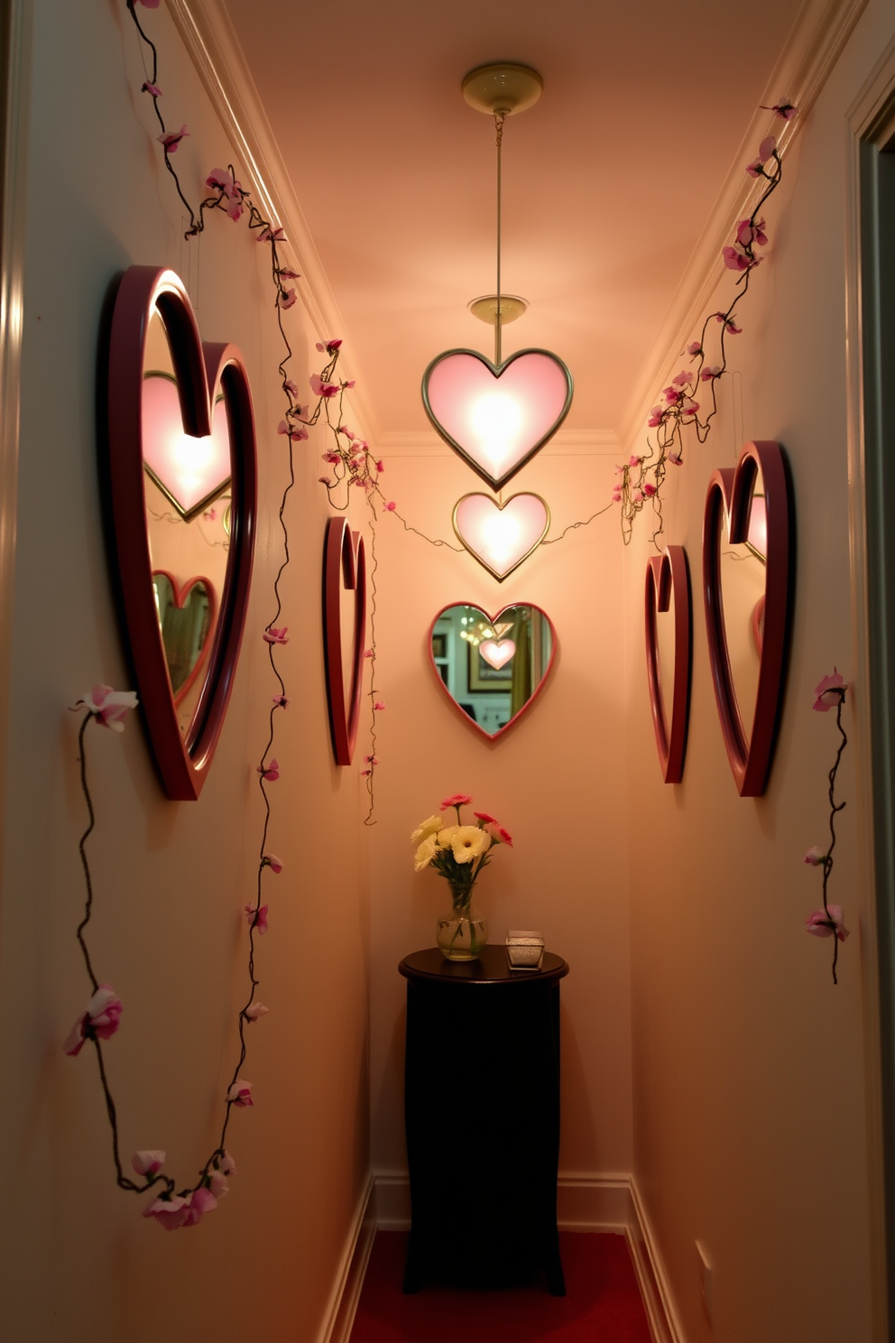 A charming hallway adorned with heart-shaped mirrors that reflect the warm ambient light. The walls are decorated with soft pastel colors and delicate garlands of faux flowers, creating a romantic atmosphere for Valentine's Day.