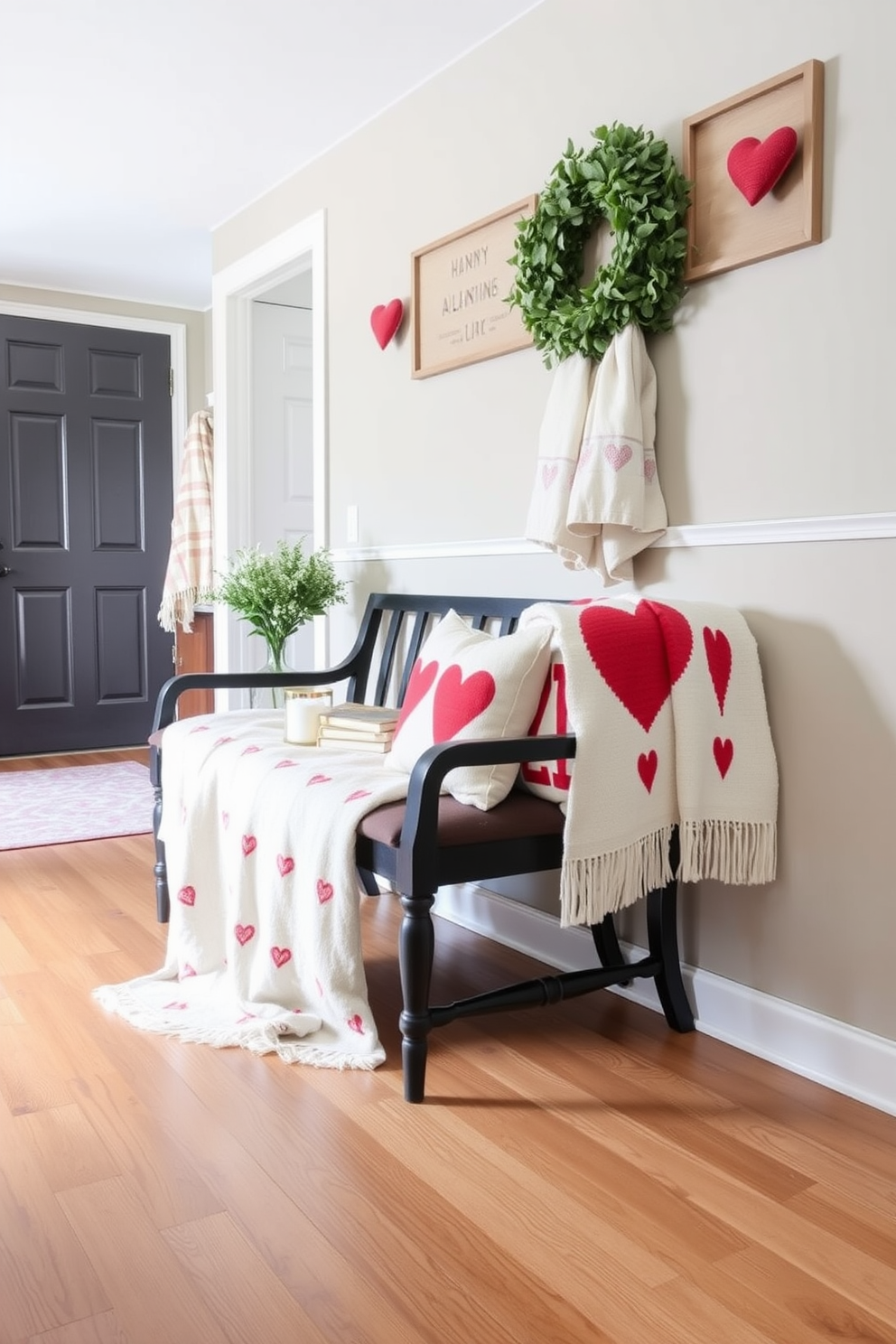 Create a cozy hallway decorated for Valentine's Day. Soft seasonal throw blankets with heart patterns are draped over a stylish bench, adding warmth and charm to the space.