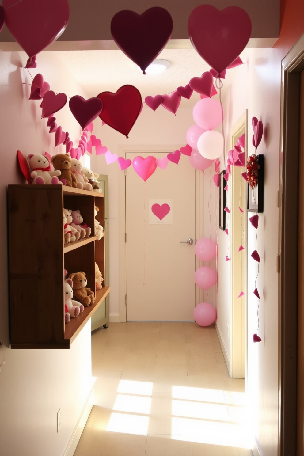 A charming hallway adorned for Valentine's Day features a collection of cute stuffed animals displayed on a wooden shelf. The walls are decorated with heart-shaped garlands and soft, pastel-colored balloons, creating a warm and inviting atmosphere.