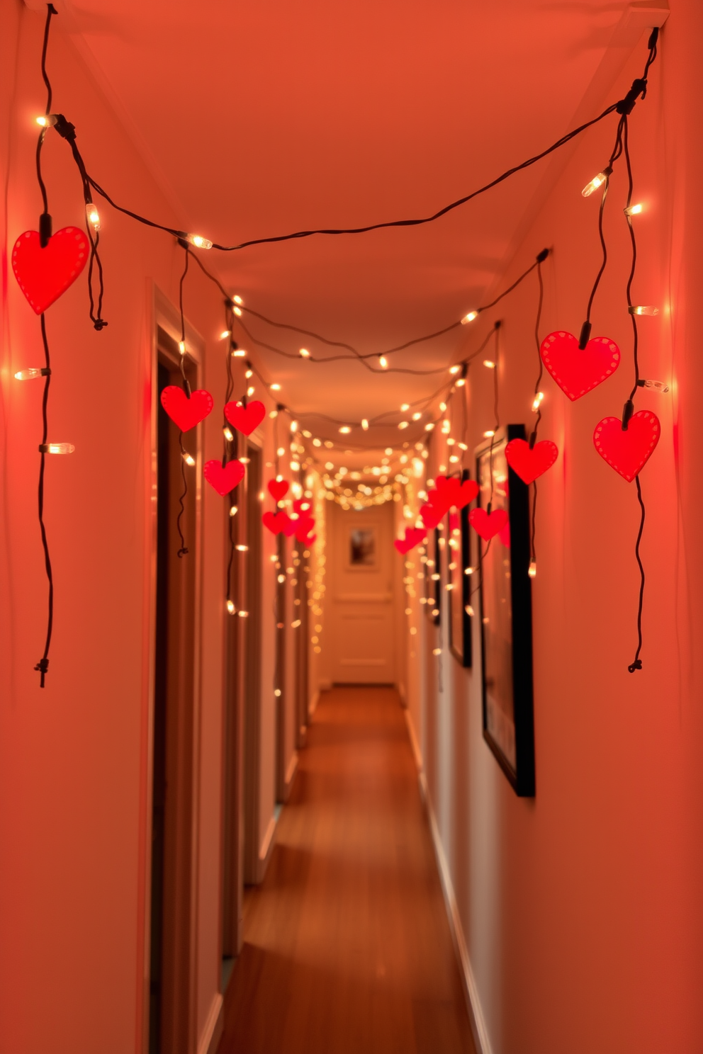 String lights with heart accents drape elegantly along the walls of a cozy hallway. The soft glow creates a warm and inviting atmosphere, perfect for celebrating Valentine's Day.