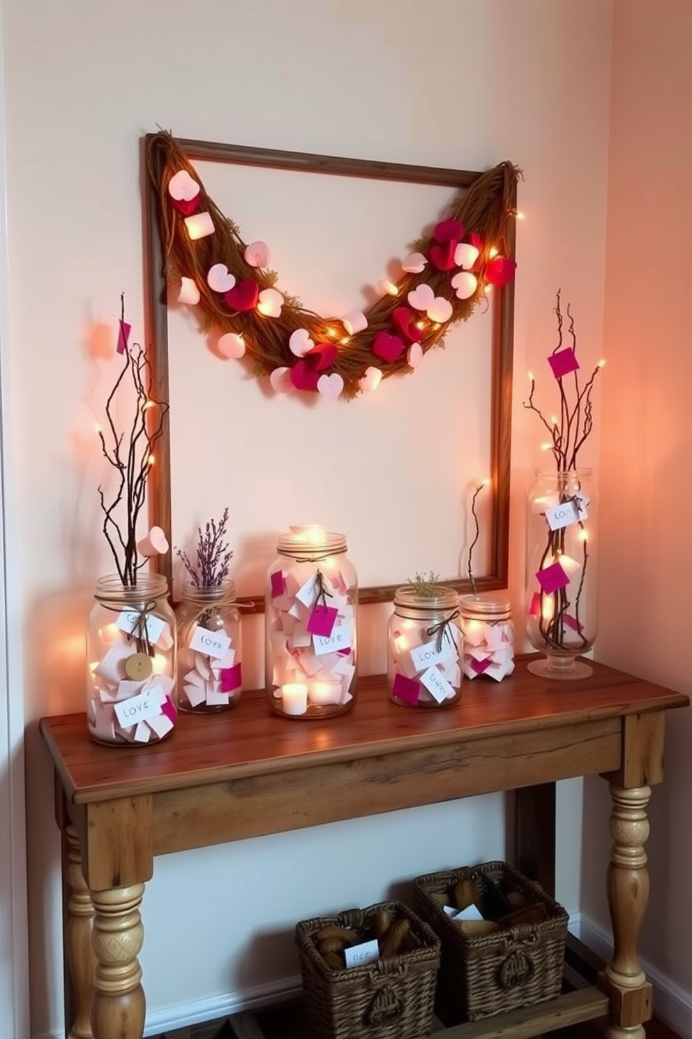 Create a charming hallway adorned with decorative jars filled with love notes. The jars are arranged on a rustic wooden console table, complemented by soft, ambient lighting that enhances the romantic atmosphere.