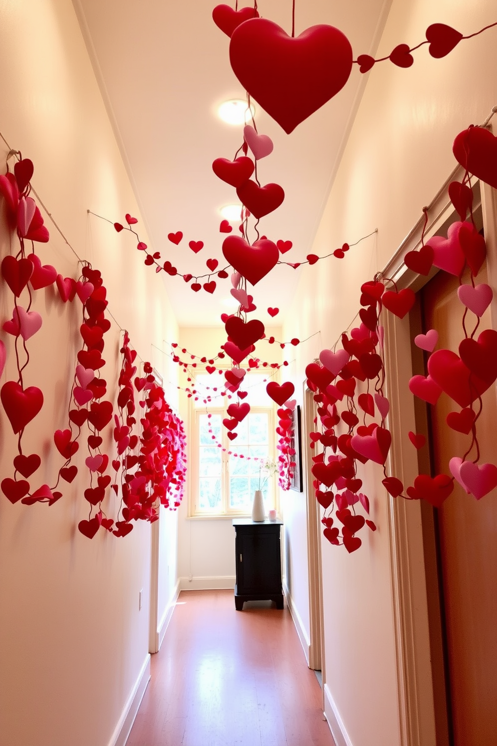 Create a charming hallway decorated for Valentine's Day featuring DIY heart-shaped window clings. The clings are vibrant and colorful, adding a playful touch to the glass, while soft fairy lights hang above to create a warm and inviting atmosphere.