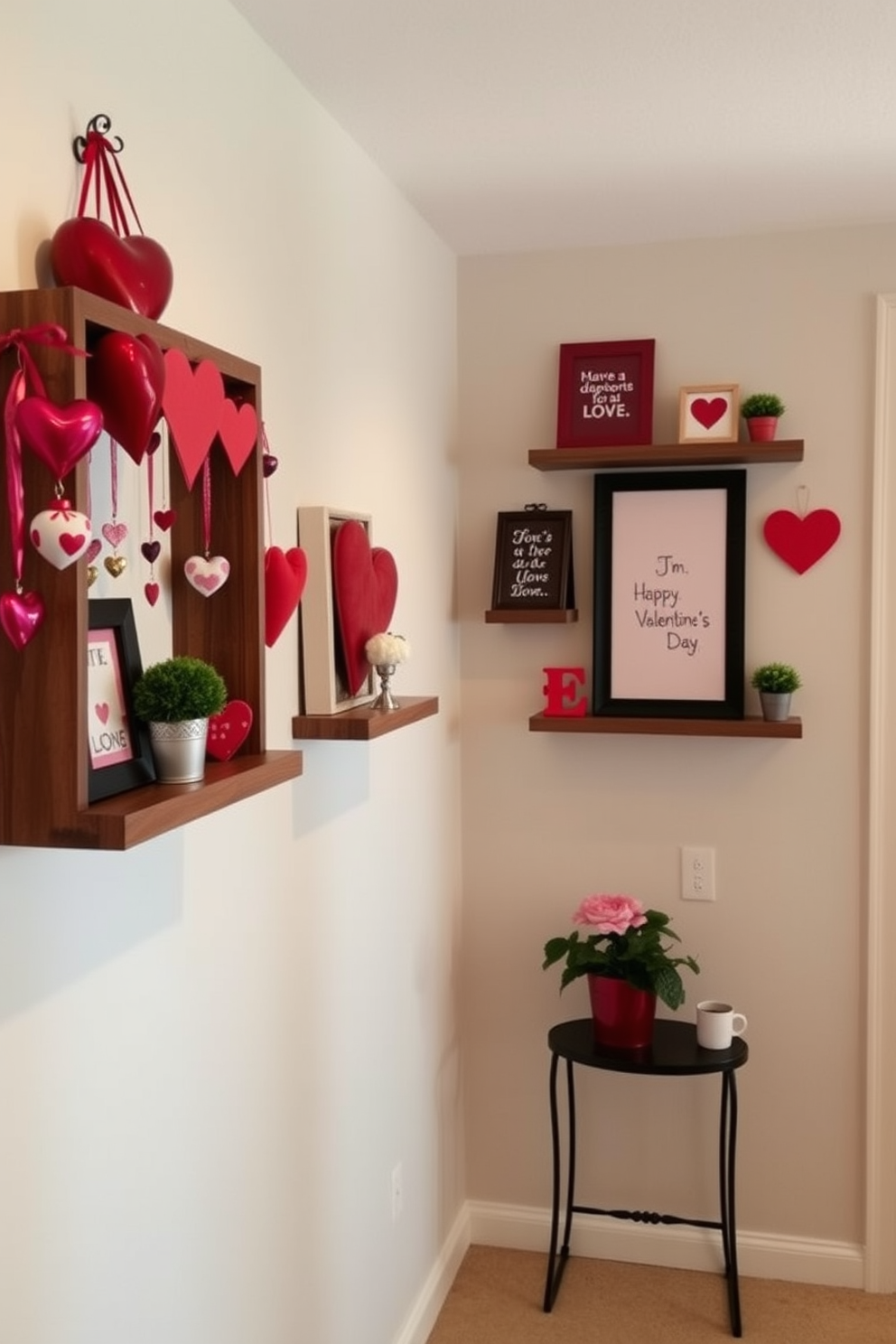 A festive table is adorned with an array of sweet treats including colorful cupcakes, heart-shaped cookies, and chocolate-covered strawberries. The table is draped with a red tablecloth and decorated with candles and fresh flowers to create a warm and inviting atmosphere. The hallway features charming Valentine's Day decorations such as garlands made of red and pink hearts. Soft lighting from string lights enhances the romantic ambiance, while a small table displays a vase filled with roses and a framed love quote.