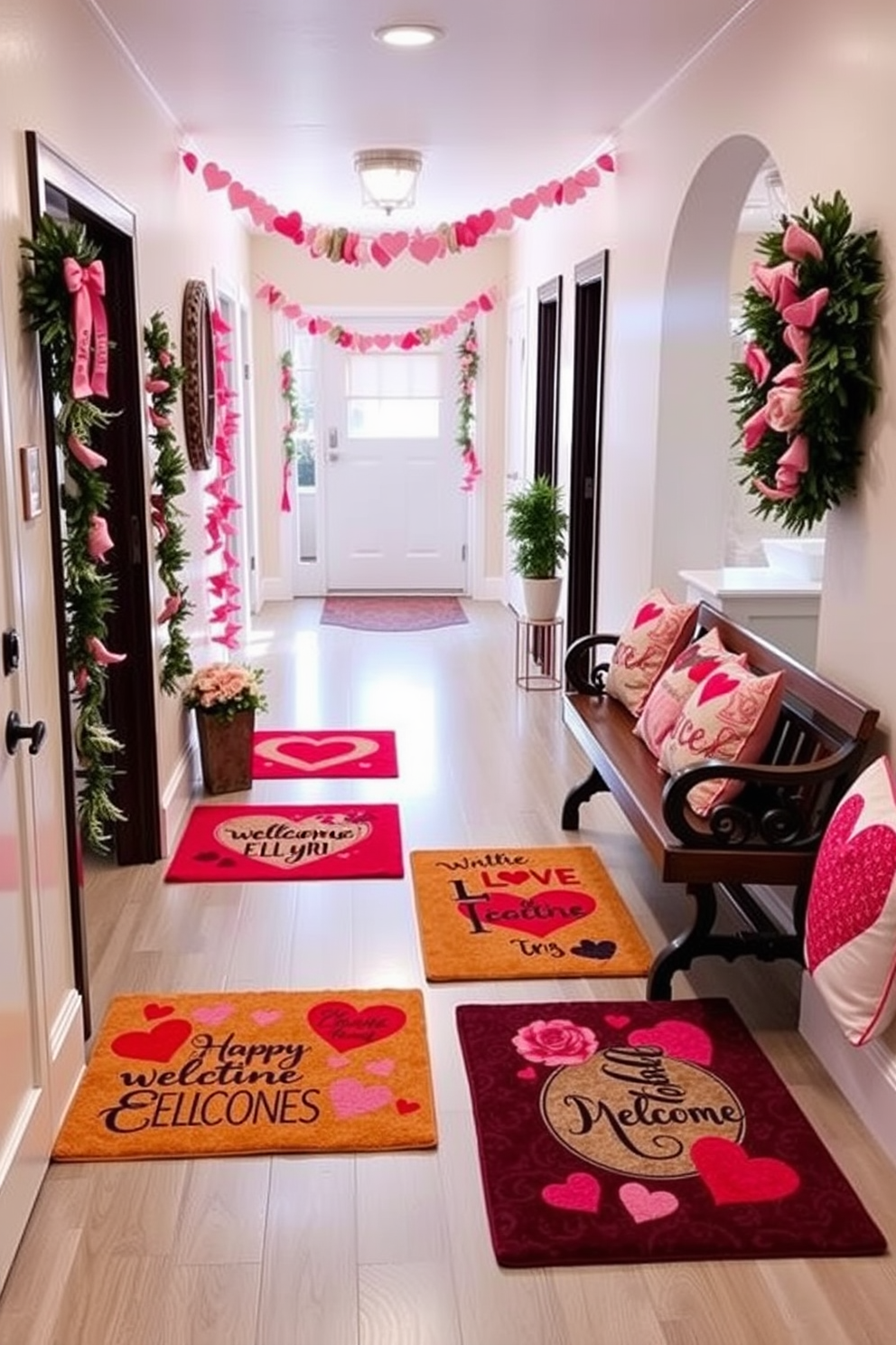 A collection of festive door mats featuring a Valentine's theme. Each mat displays vibrant colors and romantic designs, welcoming guests with love-inspired messages. The hallway is adorned with heart-shaped garlands and soft pink accents. Decorative pillows with Valentine's motifs are placed on benches, creating a warm and inviting atmosphere.