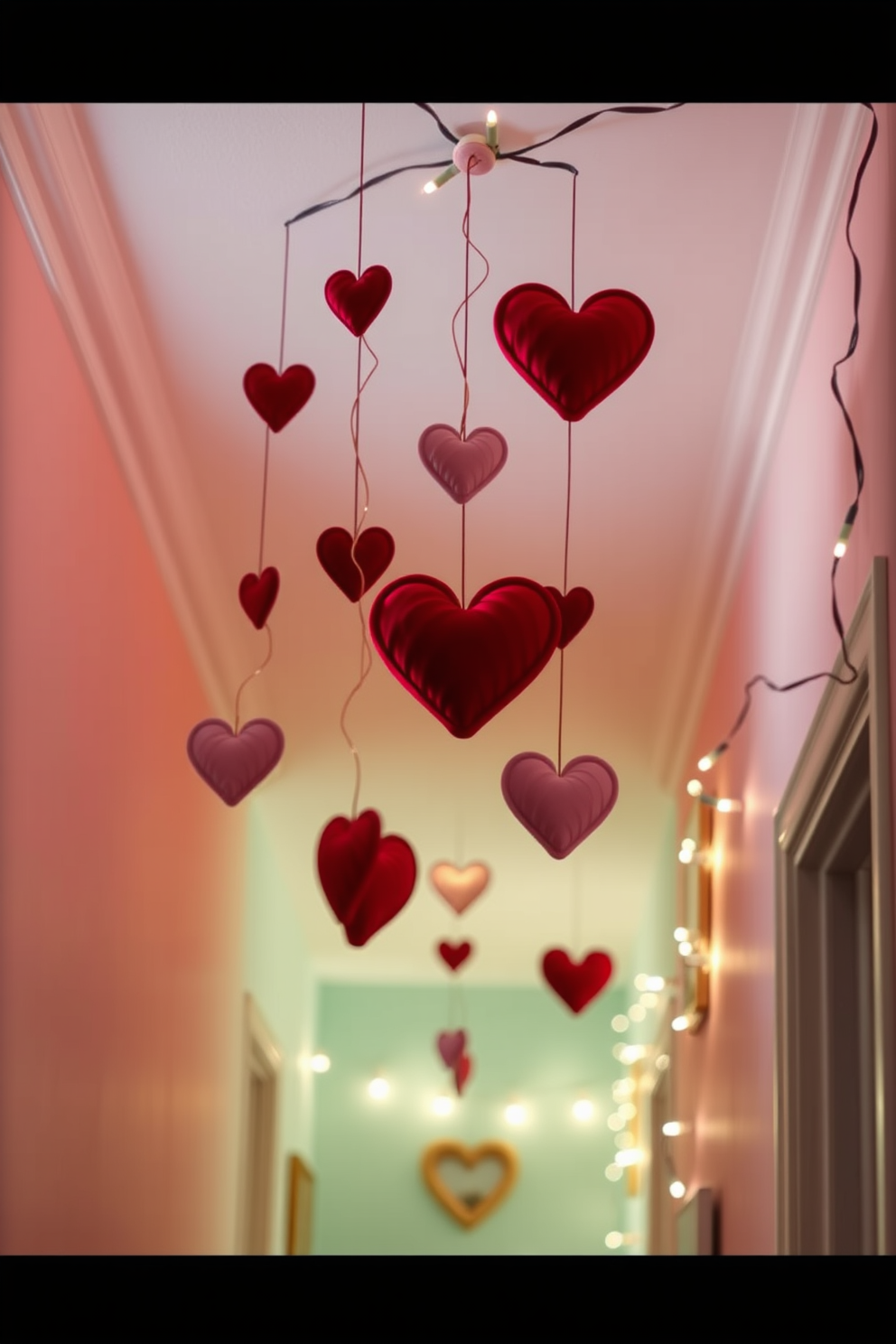 Create a charming hallway adorned with hanging heart-shaped mobiles from the ceiling. The walls are painted in soft pastel colors, and a warm glow from decorative string lights enhances the romantic atmosphere.