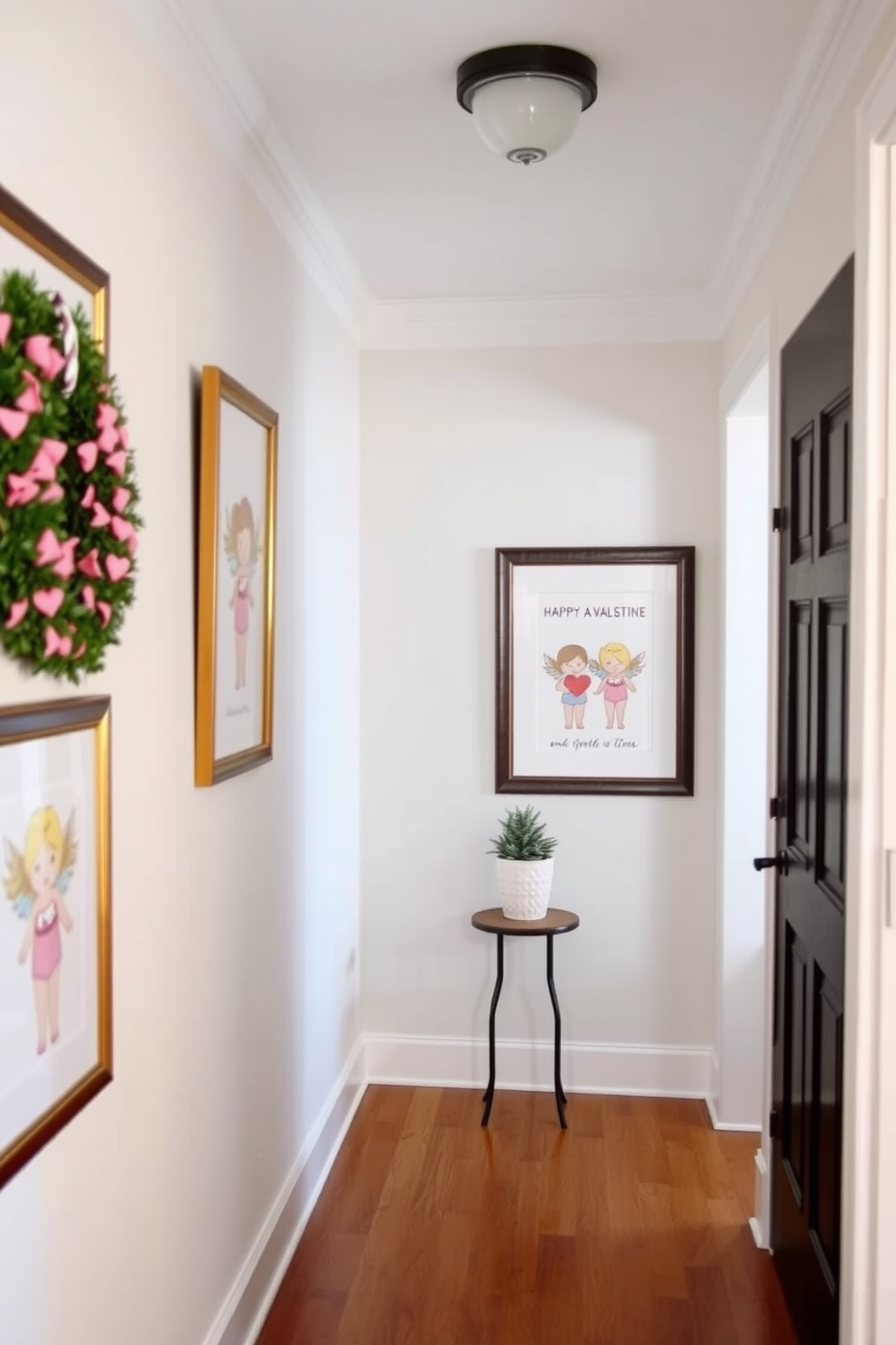 A charming hallway adorned with seasonal artwork featuring Cupid designs. The walls are decorated with framed prints showcasing playful Cupid illustrations, complemented by soft pastel colors.