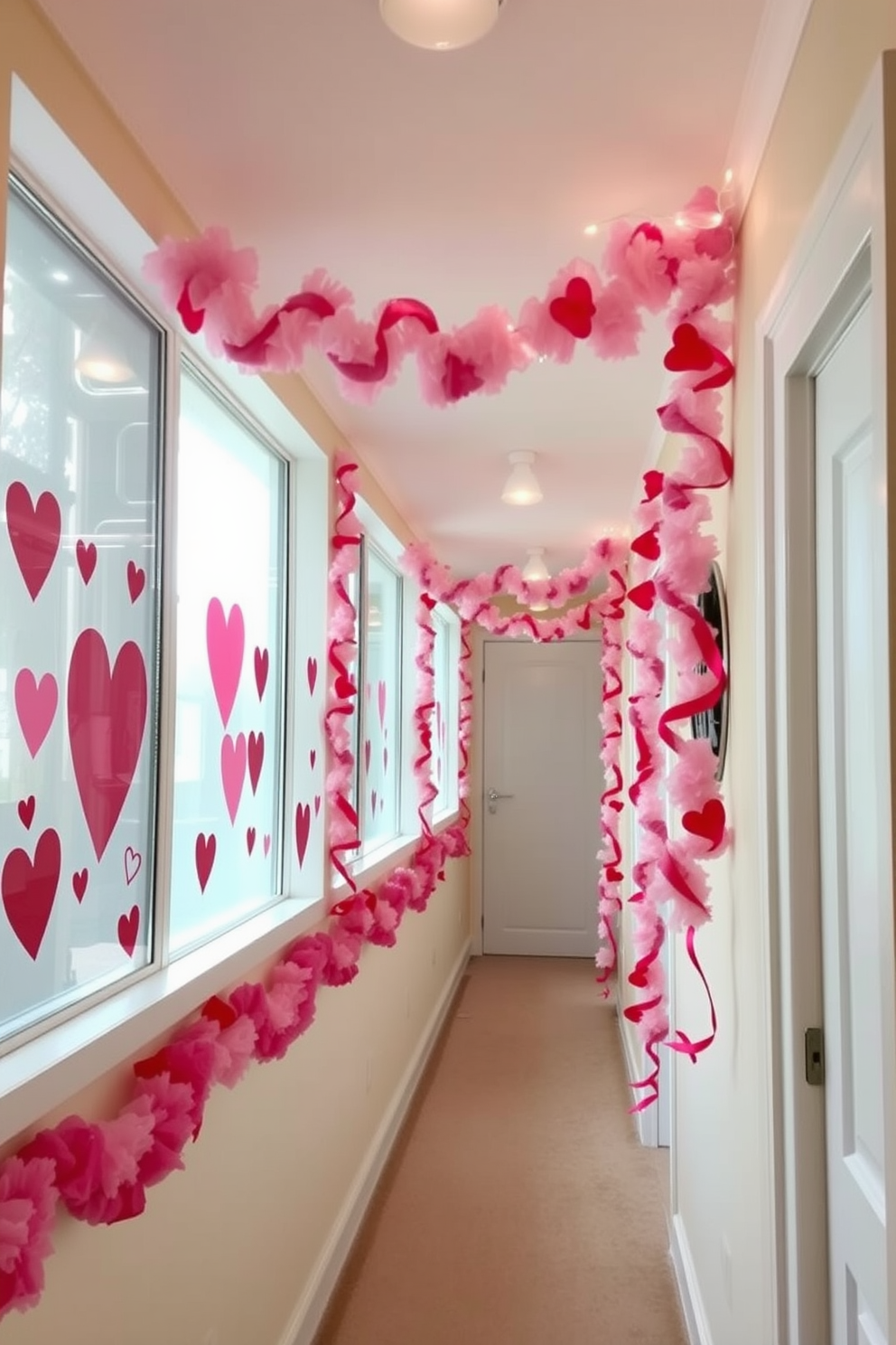 A charming hallway adorned with Valentine-themed window clings creates a festive atmosphere. The clings feature hearts and romantic motifs, adding a touch of love to the decor. Along the hallway, soft pink and red garlands drape from the ceiling, enhancing the Valentine's Day spirit. Subtle fairy lights twinkle above, casting a warm glow that invites guests to feel the joy of the season.