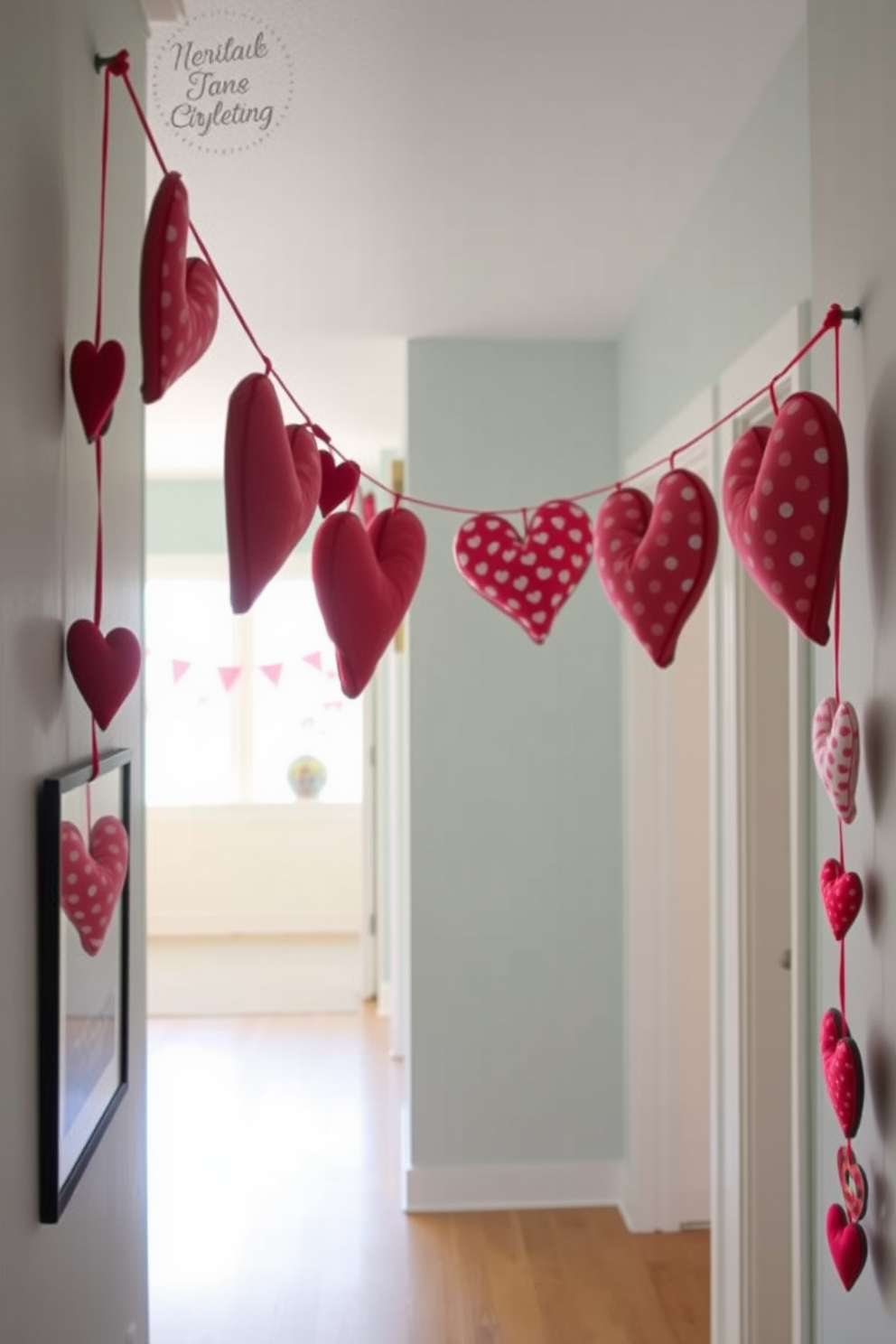 Create a whimsical hallway adorned with heart-shaped balloons tied to elegant railings. The balloons are in various shades of red and pink, floating gently above a soft carpet runner that leads to a beautifully decorated entryway.