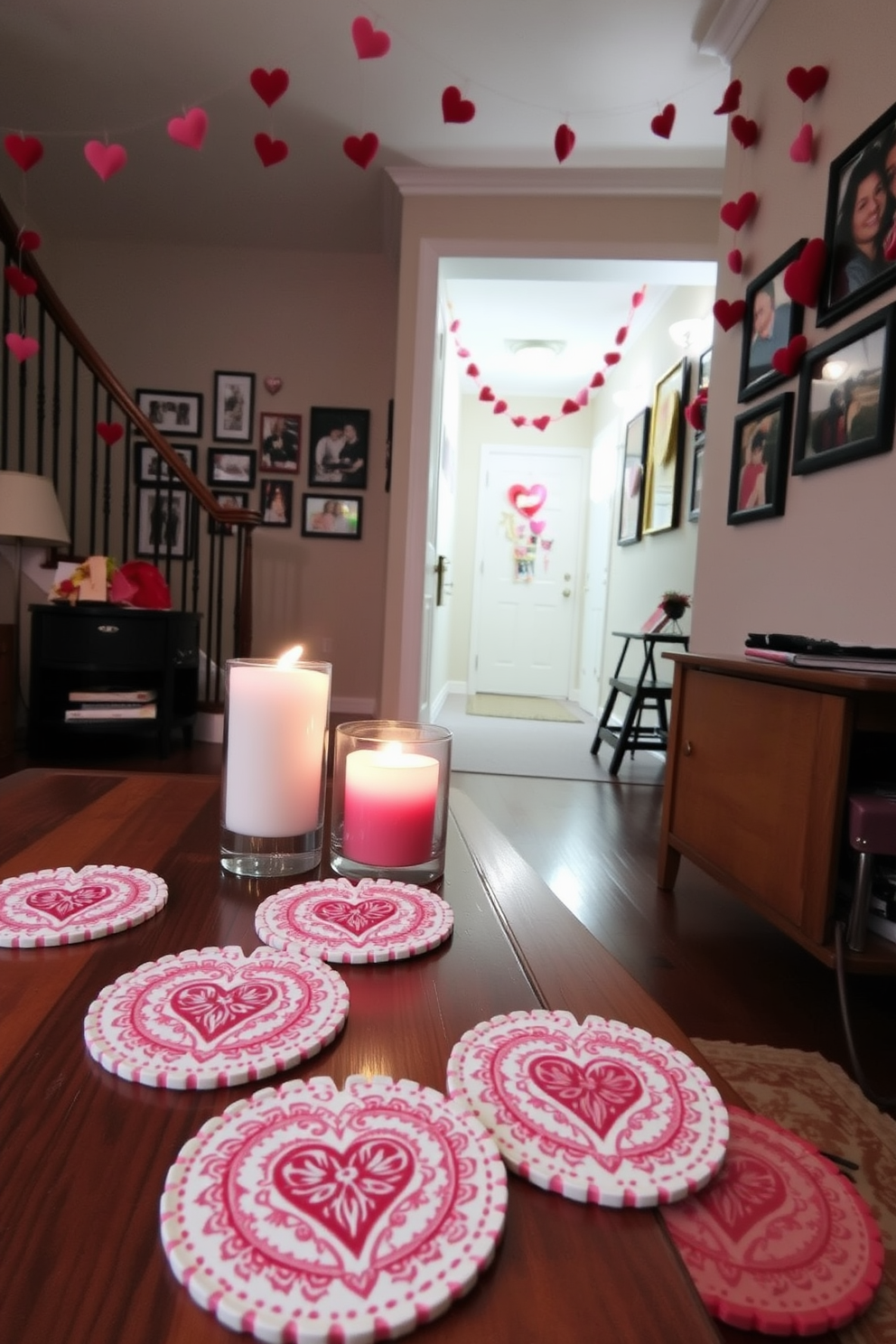 Valentine's Day themed coasters are beautifully arranged on elegant wooden tables. Each coaster features intricate heart designs in shades of pink and red, complementing the romantic ambiance. The hallway is adorned with charming Valentine's Day decorations. Soft string lights and heart-shaped garlands create a warm and inviting atmosphere for guests.