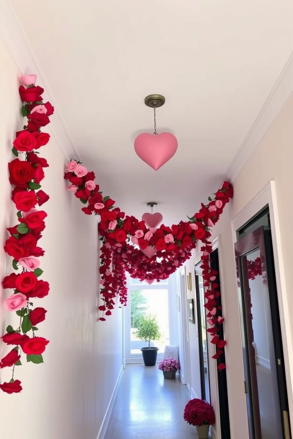 Create a romantic hallway adorned with vibrant red and pink floral garlands draping elegantly from the ceiling. The walls are painted in soft white, creating a fresh backdrop that enhances the festive atmosphere of Valentine's Day.