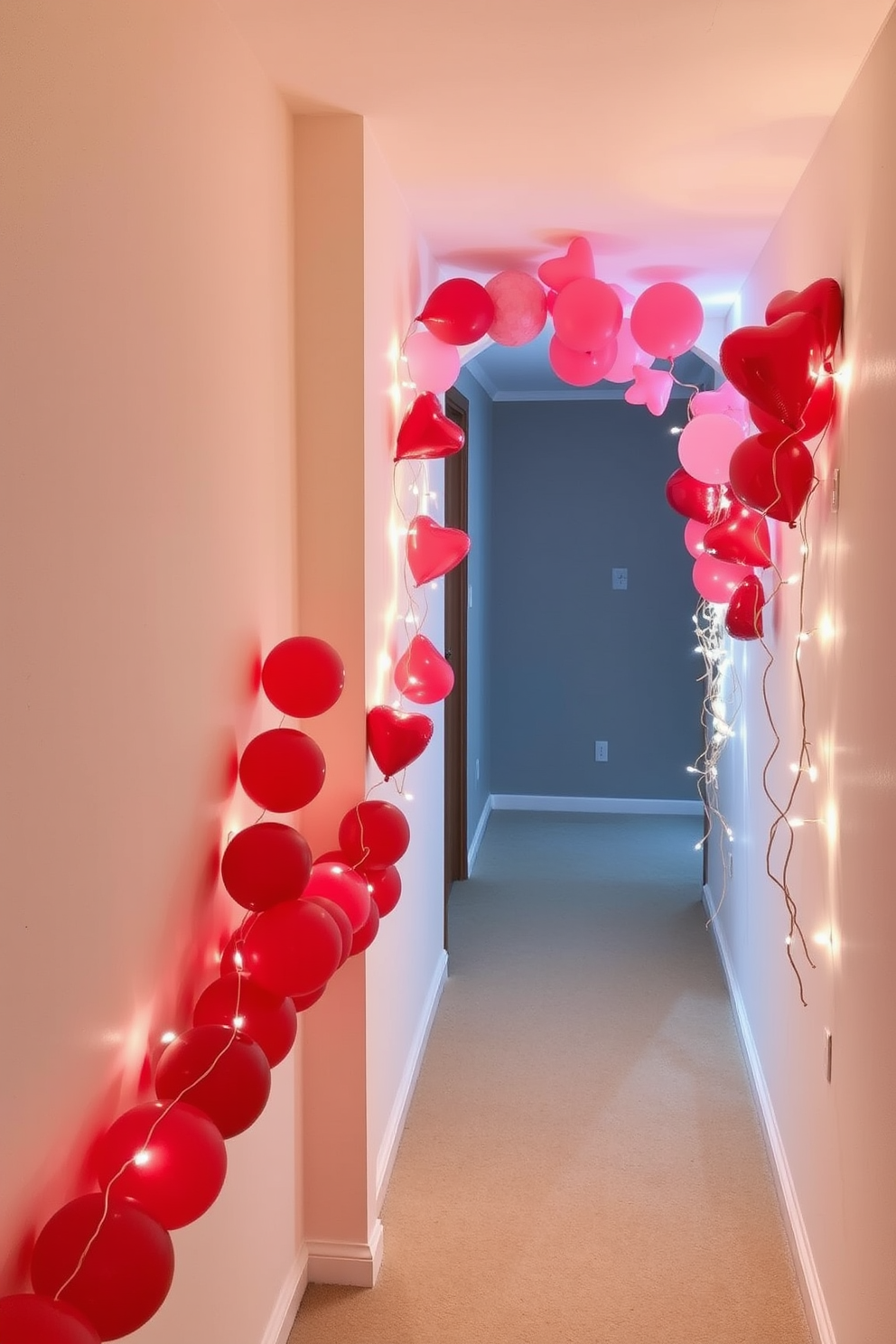 Create a whimsical hallway decorated for Valentine's Day featuring a vibrant red and pink balloon garland that drapes elegantly along the walls. The garland is complemented by soft twinkling fairy lights, casting a warm glow that enhances the romantic atmosphere.