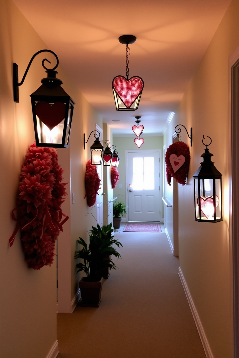 Create a warm and inviting hallway decorated for Valentine's Day. Hang decorative lanterns with heart motifs along the walls, casting a soft glow that enhances the romantic atmosphere.