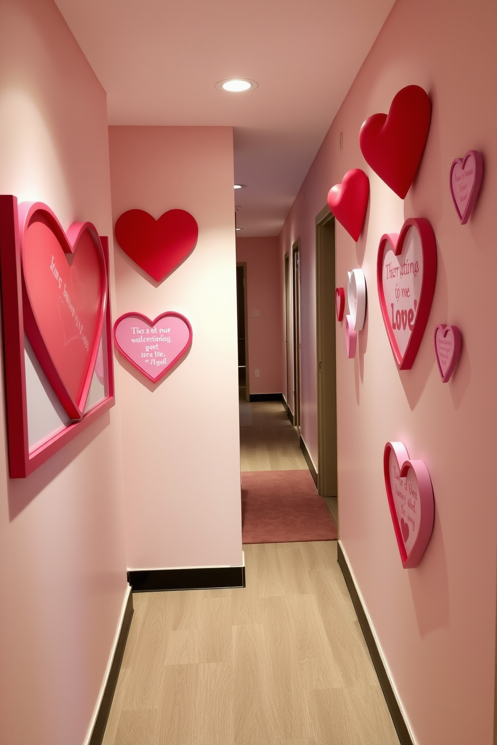 A romantic hallway adorned with Valentine's Day themed wall art featuring vibrant reds and soft pinks. Heart-shaped frames display love quotes and whimsical illustrations, creating an inviting atmosphere for guests.