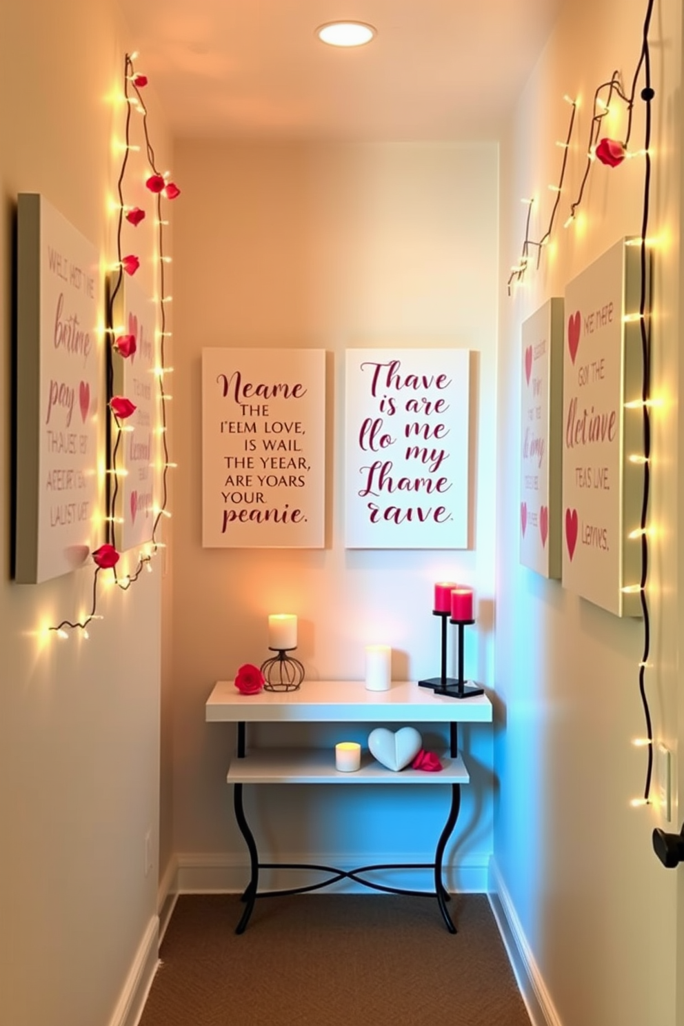 Hanging delicate paper hearts from elegant light fixtures creates a whimsical and romantic atmosphere. The soft glow of the lights enhances the charm of the hallway, making it a perfect setting for Valentine's Day festivities.