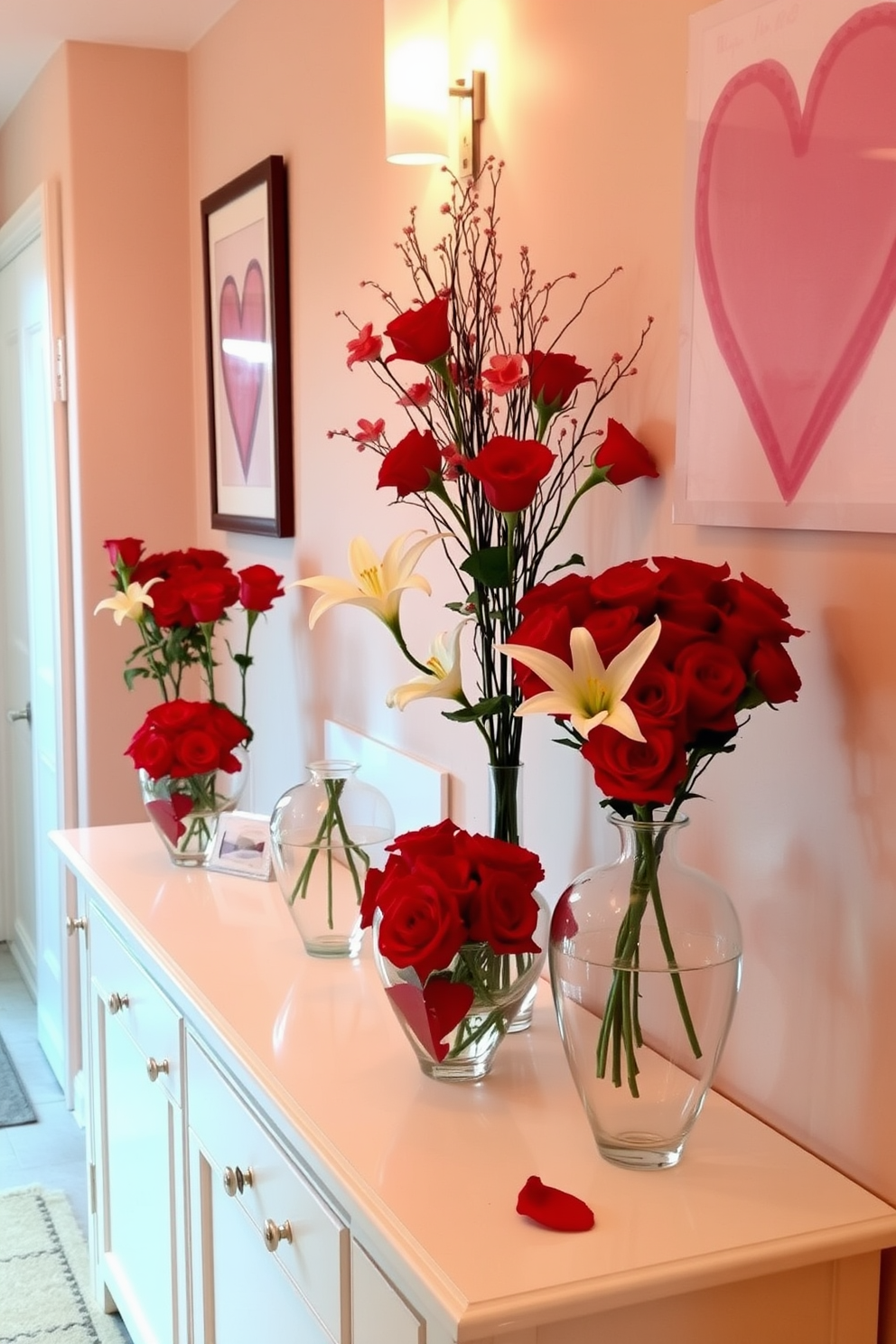 Create a romantic hallway setting for Valentine's Day. The focal point is a series of heart-shaped vases filled with vibrant floral arrangements, featuring red roses and white lilies, placed along the console table. Soft, ambient lighting enhances the warmth of the space. On the walls, delicate heart-themed artwork complements the floral displays, creating an inviting atmosphere.