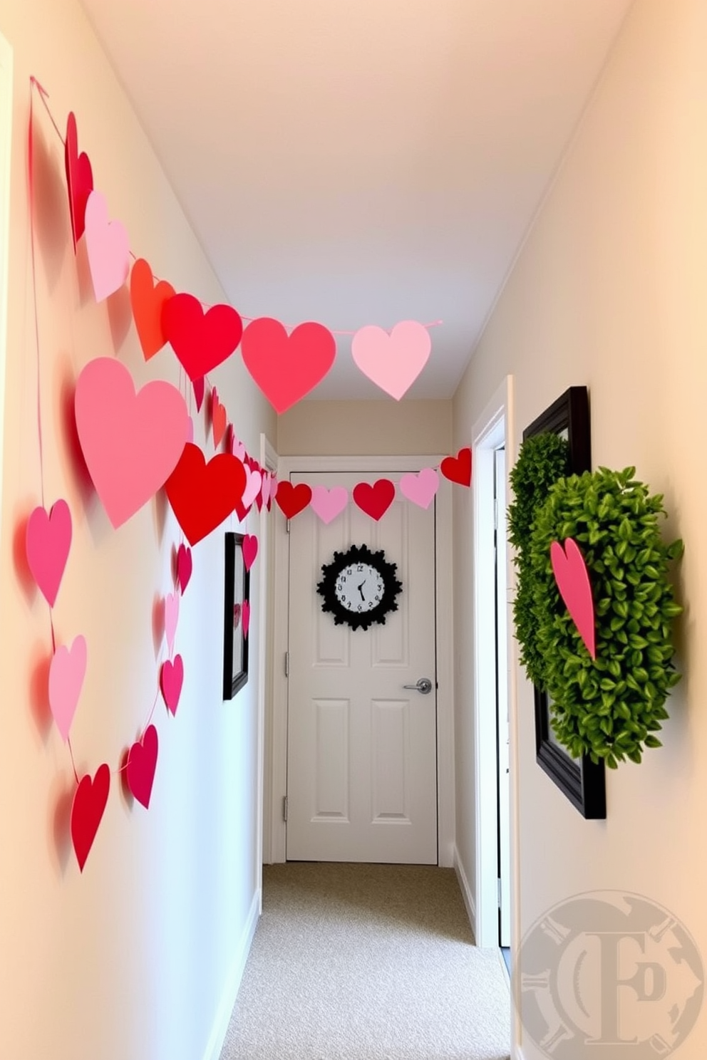 A charming hallway adorned with DIY conversation heart banners creates a festive atmosphere for Valentine's Day. The banners, crafted from colorful cardstock, hang gracefully along the walls, adding a playful touch to the decor.