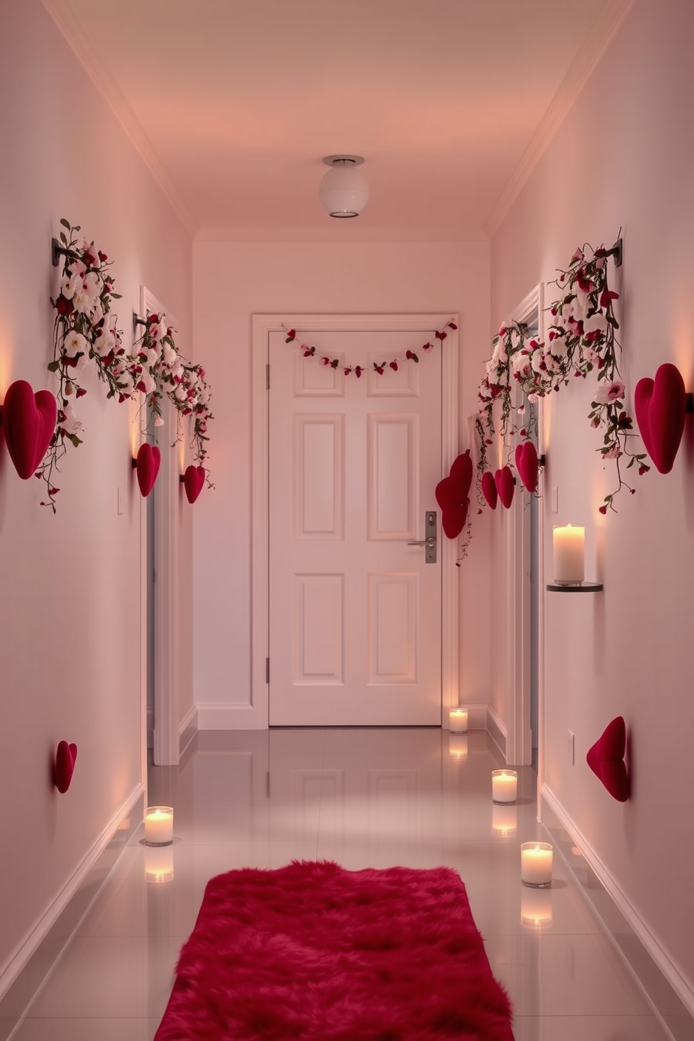 A romantic hallway setting adorned for Valentine's Day. Soft lighting from candles in heart-shaped holders casts a warm glow along the walls, creating an inviting atmosphere. Delicate garlands of faux flowers drape over the door frames, enhancing the festive charm. A plush runner in shades of red and pink leads guests through the beautifully decorated space.