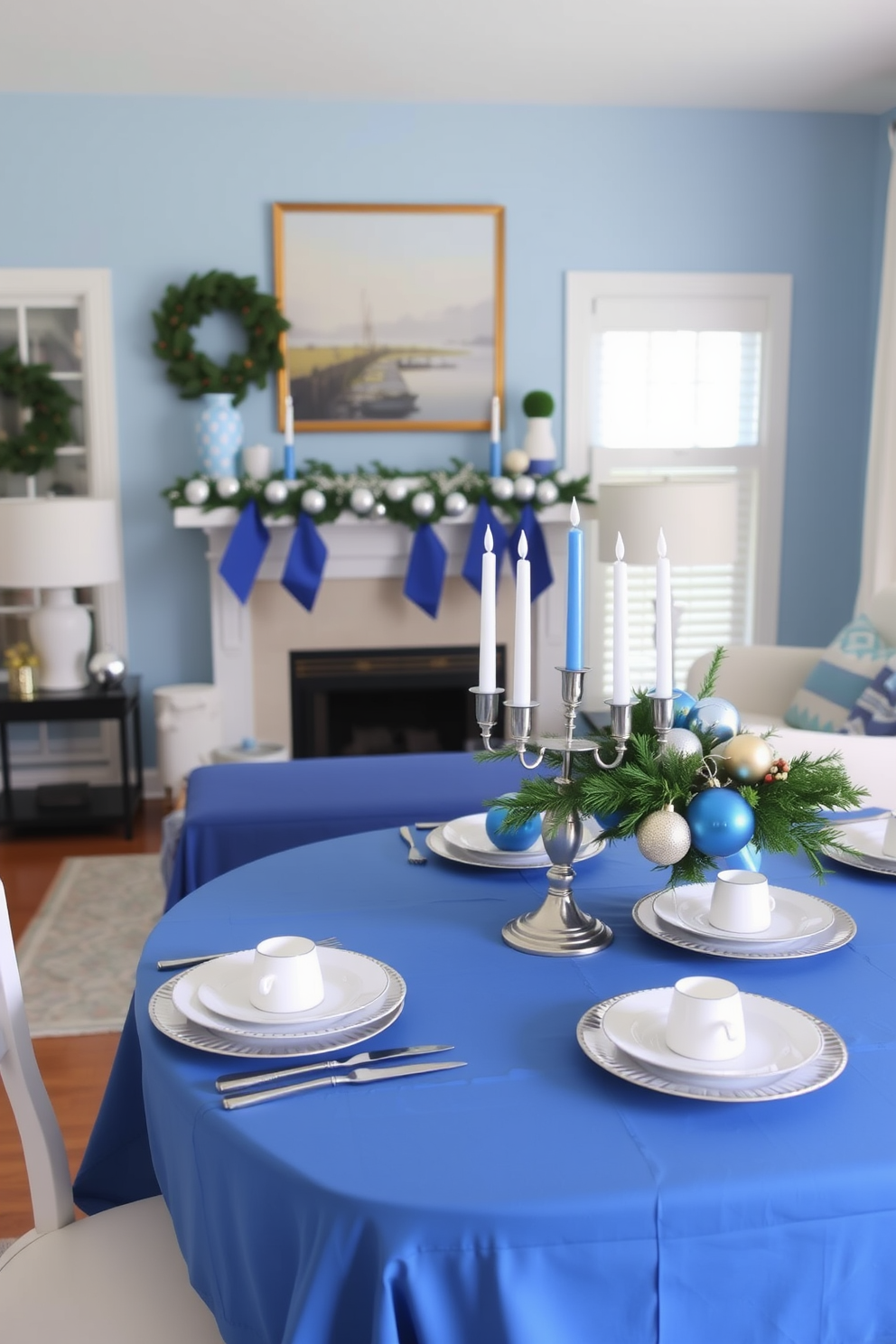 A cozy living room adorned in a blue and white color scheme for Hanukkah. The walls are painted a soft blue, while white accents are featured in the furniture and decorations, creating a festive atmosphere. A beautifully set table showcases a blue tablecloth with white plates and silverware, perfect for a Hanukkah celebration. Decorative blue and white candles are arranged in a menorah at the center, surrounded by festive ornaments and seasonal greenery.